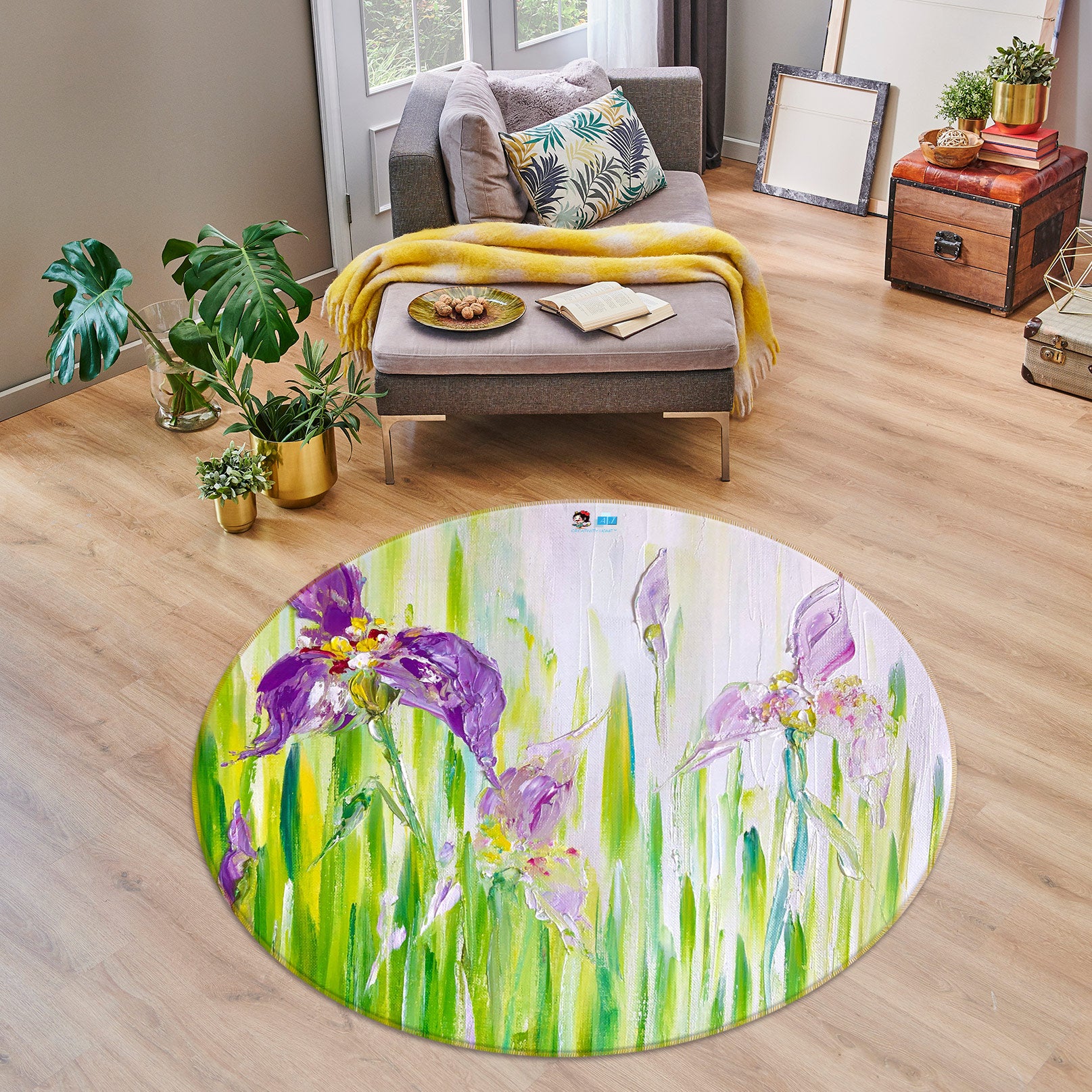 3D Purple Flower 749 Skromova Marina Rug Round Non Slip Rug Mat