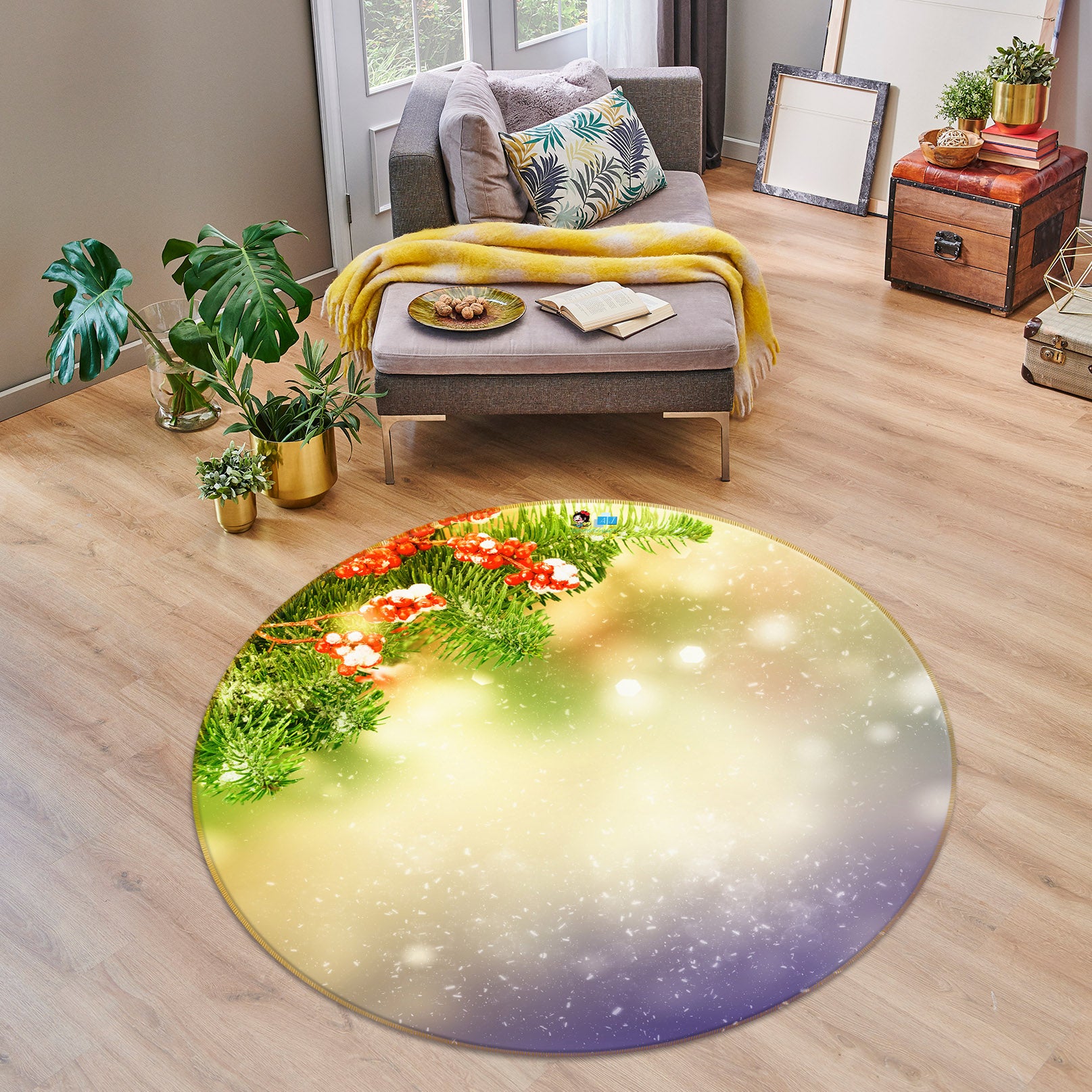 3D Branches Light Shadow 54172 Christmas Round Non Slip Rug Mat Xmas