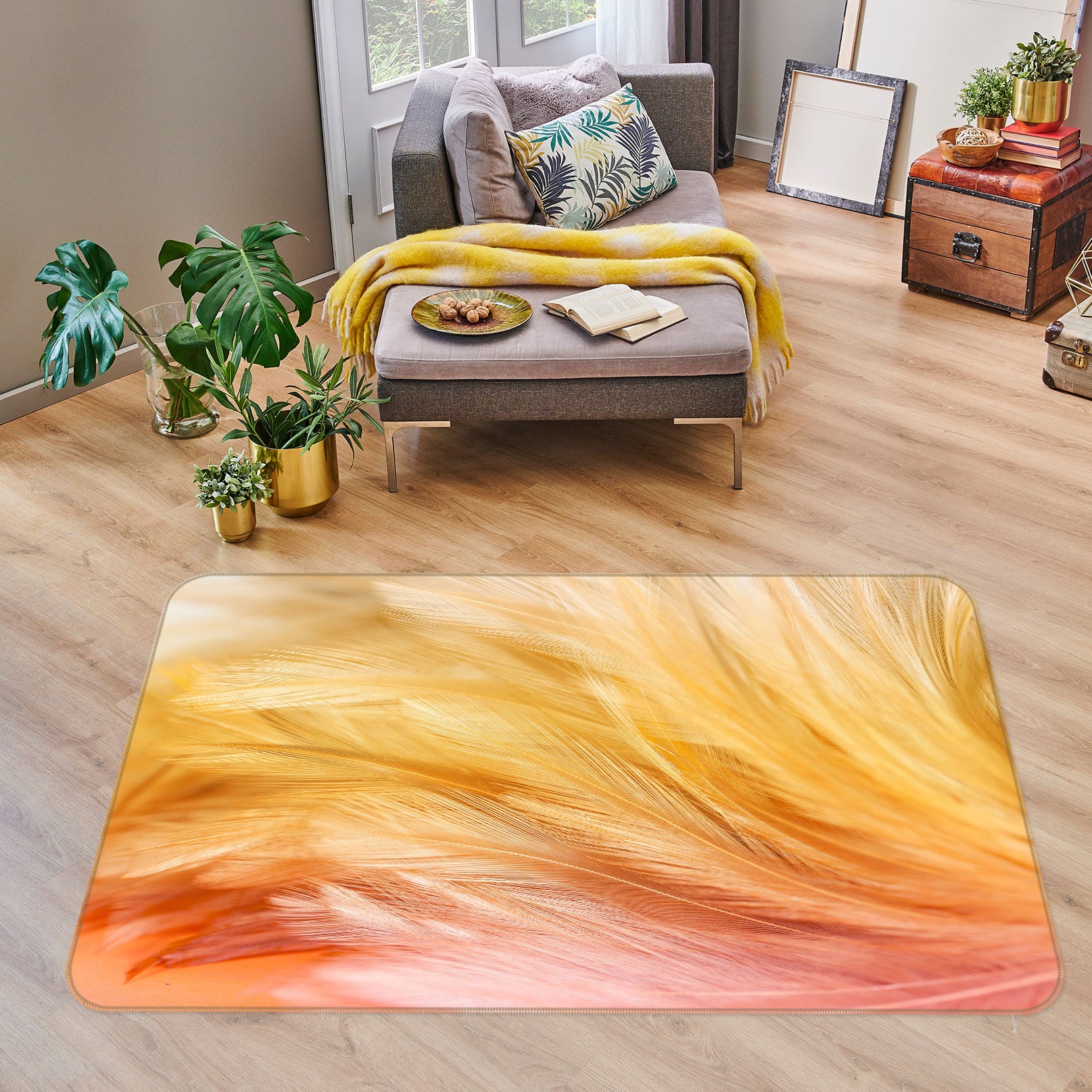 3D Yellow Feather Pattern 30053 Non Slip Rug Mat