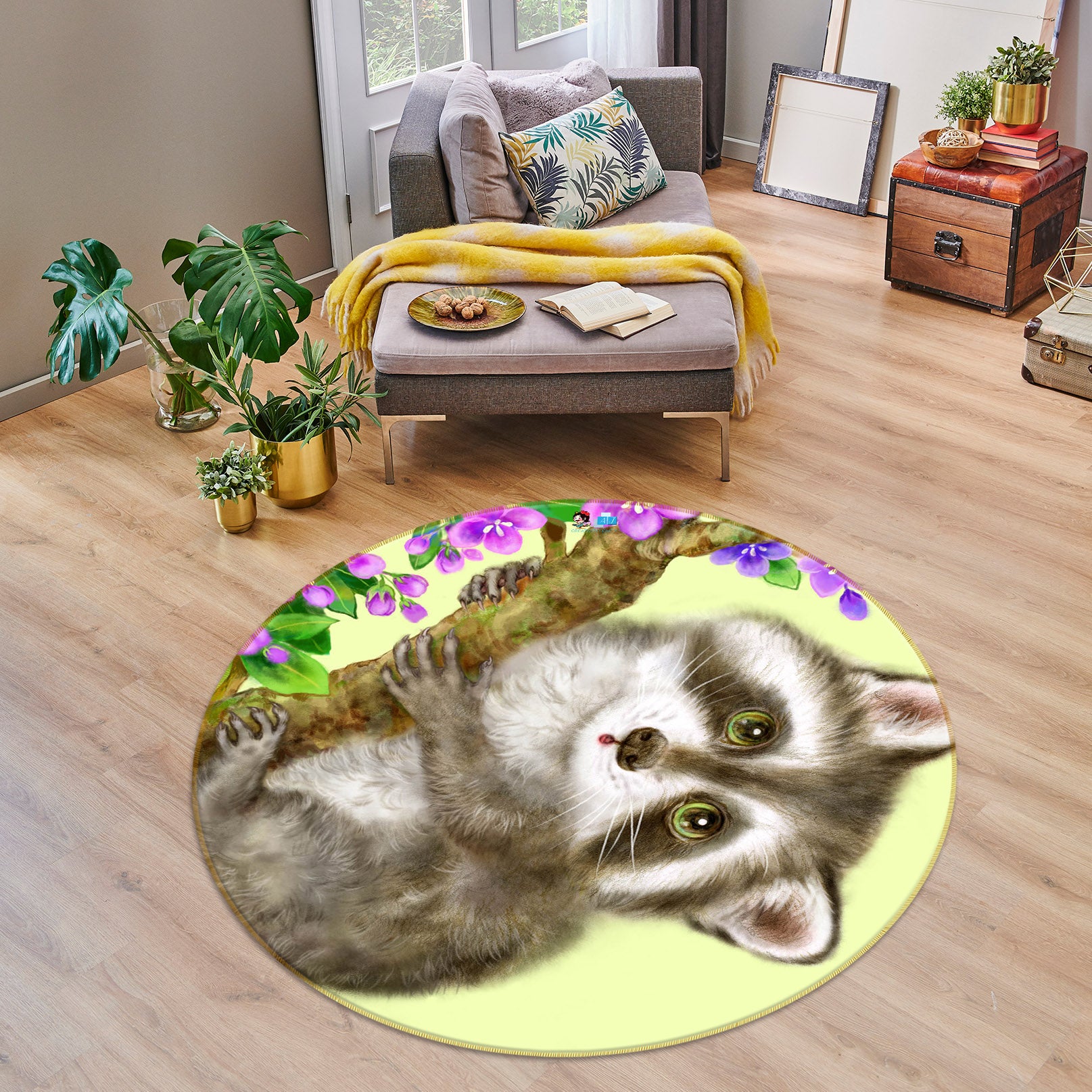 3D Flower Moon Tanuki 6054 Kayomi Harai Rug Round Non Slip Rug Mat