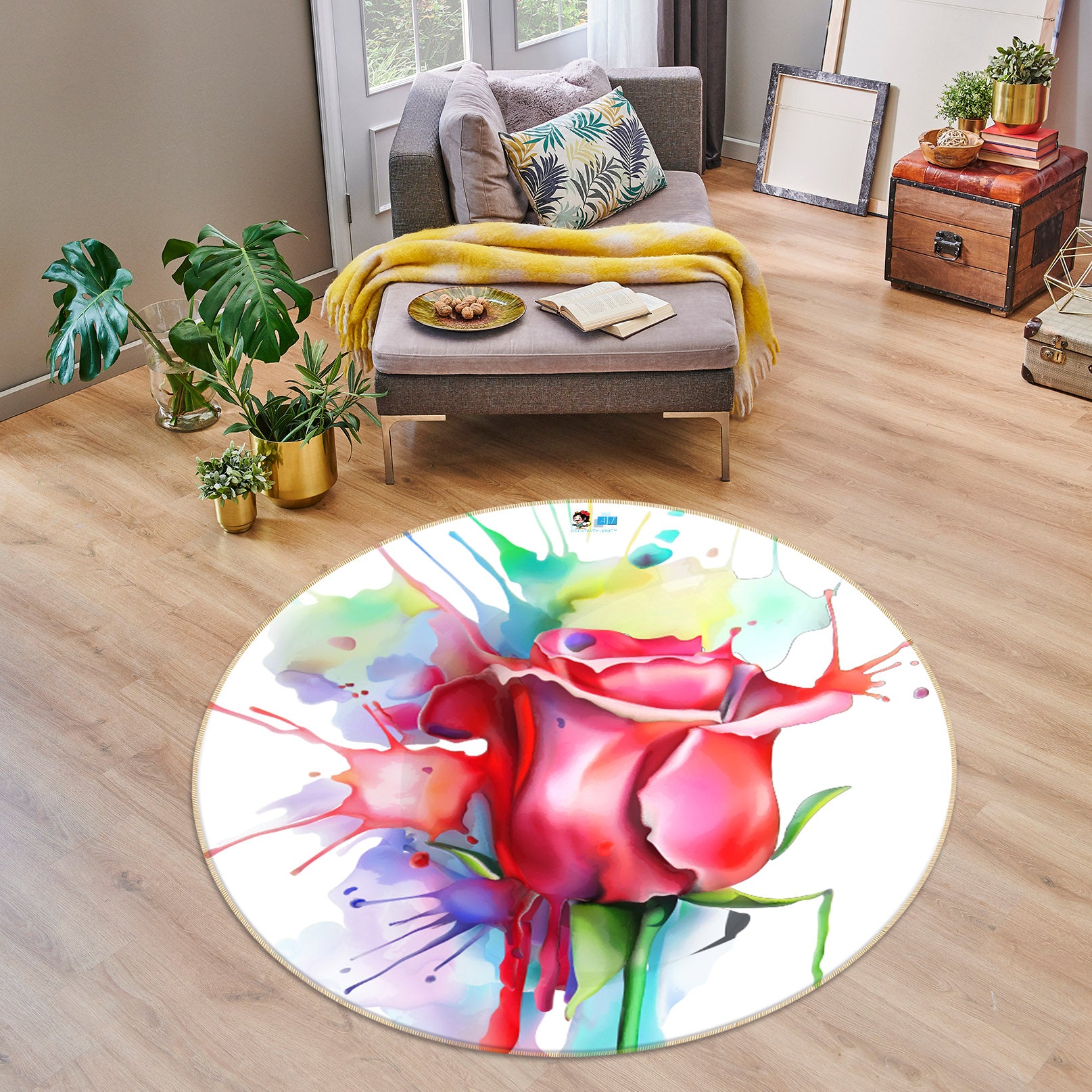 3D Watercolor Rose 74235 Round Non Slip Rug Mat