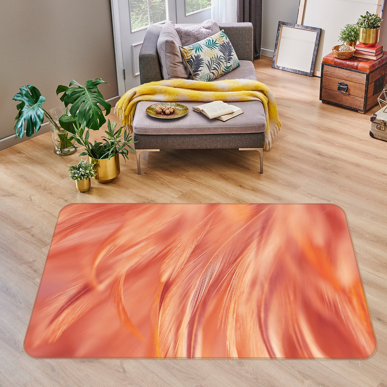 3D Orange Feather Pattern 30057 Non Slip Rug Mat