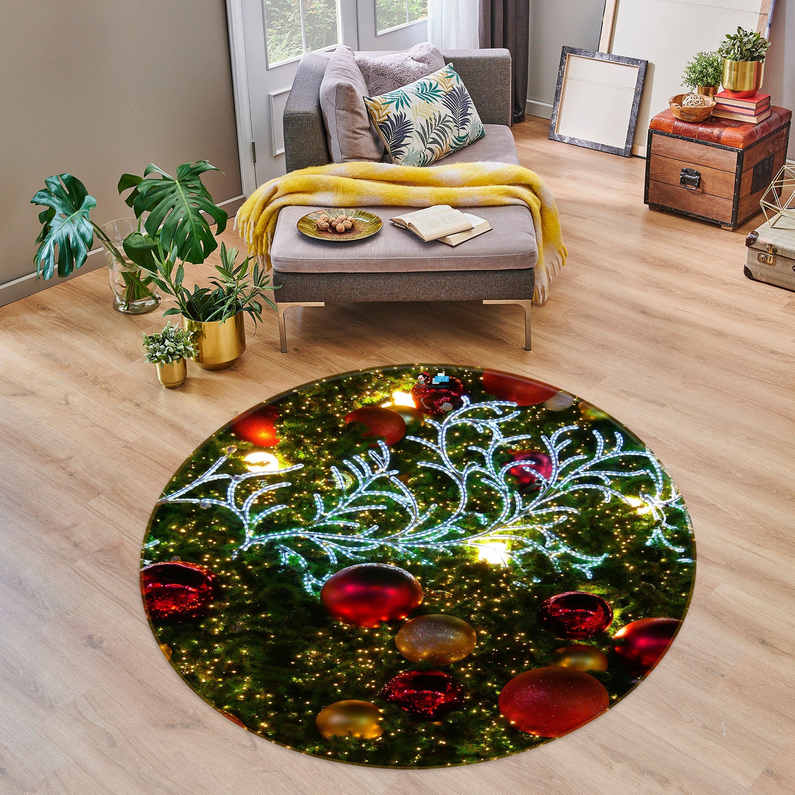 3D Branches Red Ball 54053 Christmas Round Non Slip Rug Mat Xmas
