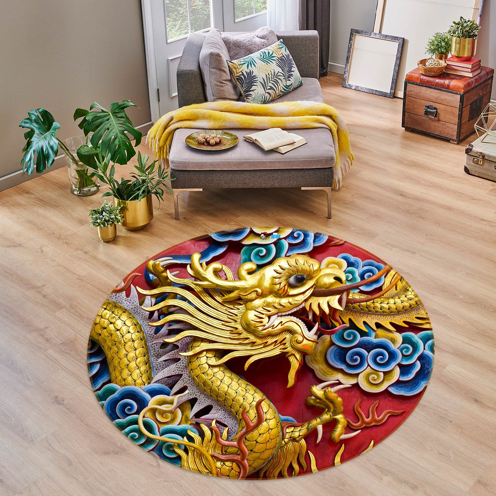 3D Chinese Dragon Cloud 73009 Round Non Slip Rug Mat