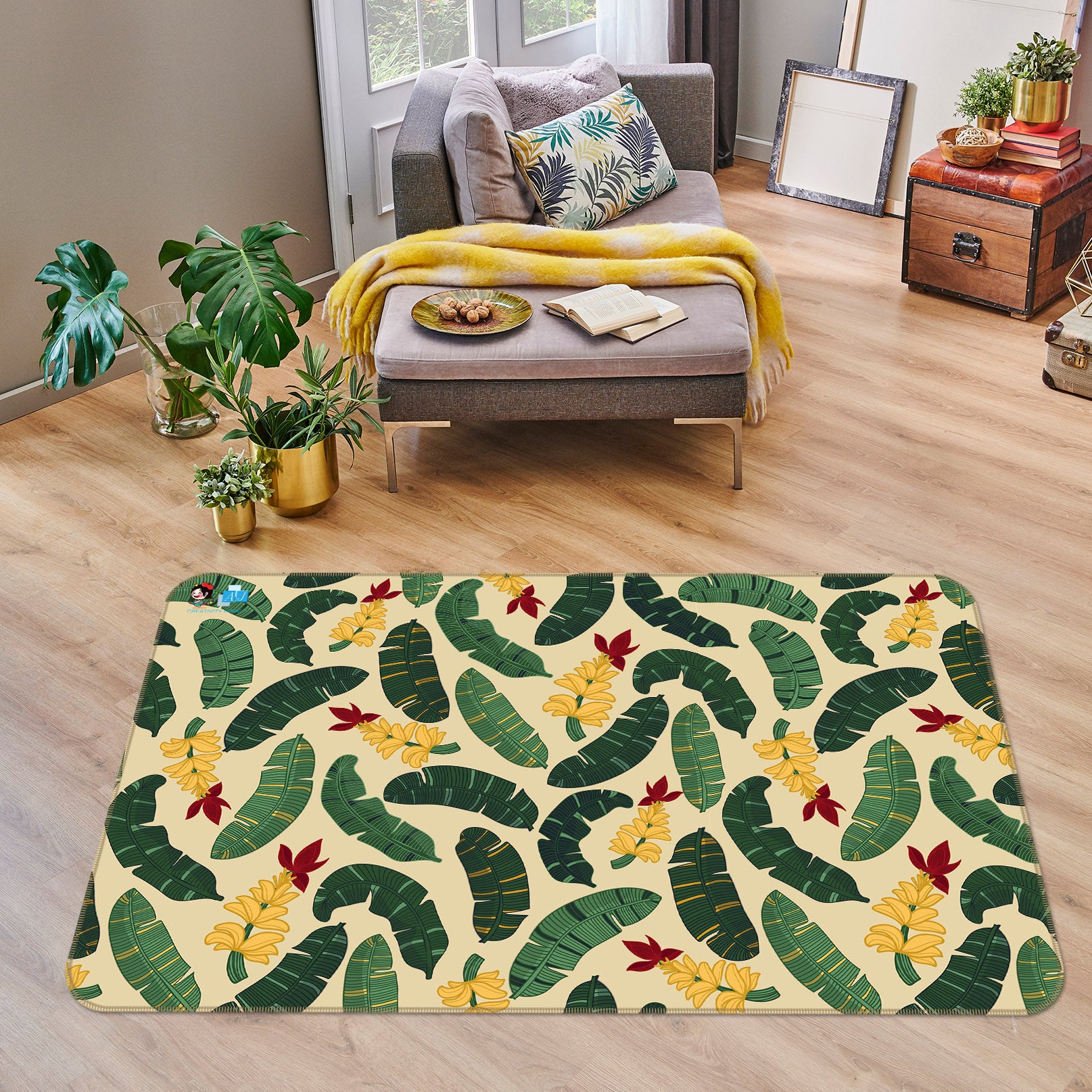 3D Green Leaf Yellow Flower 10784 Kashmira Jayaprakash Rug Non Slip Rug Mat