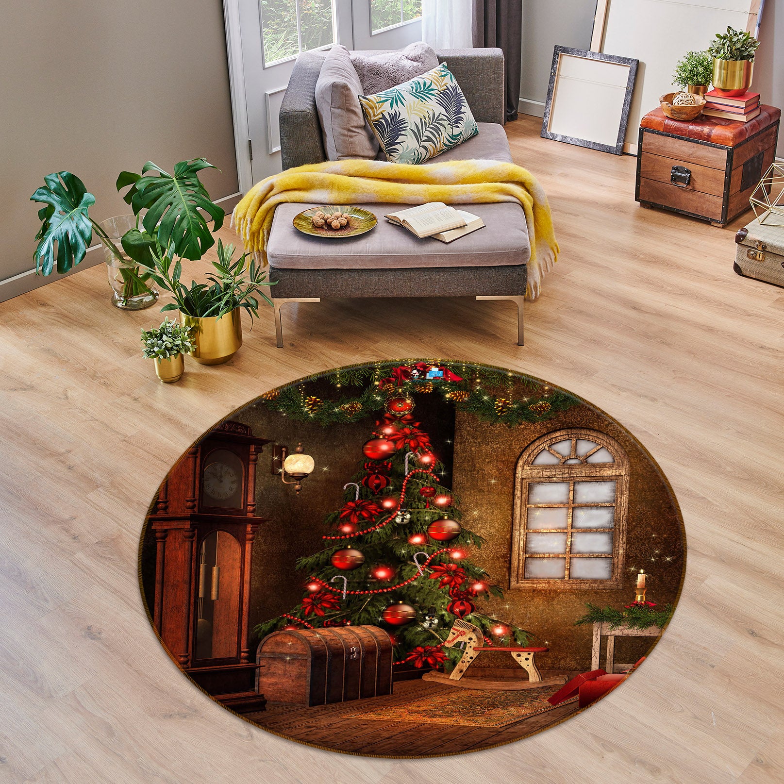 3D Tree Window 54121 Christmas Round Non Slip Rug Mat Xmas