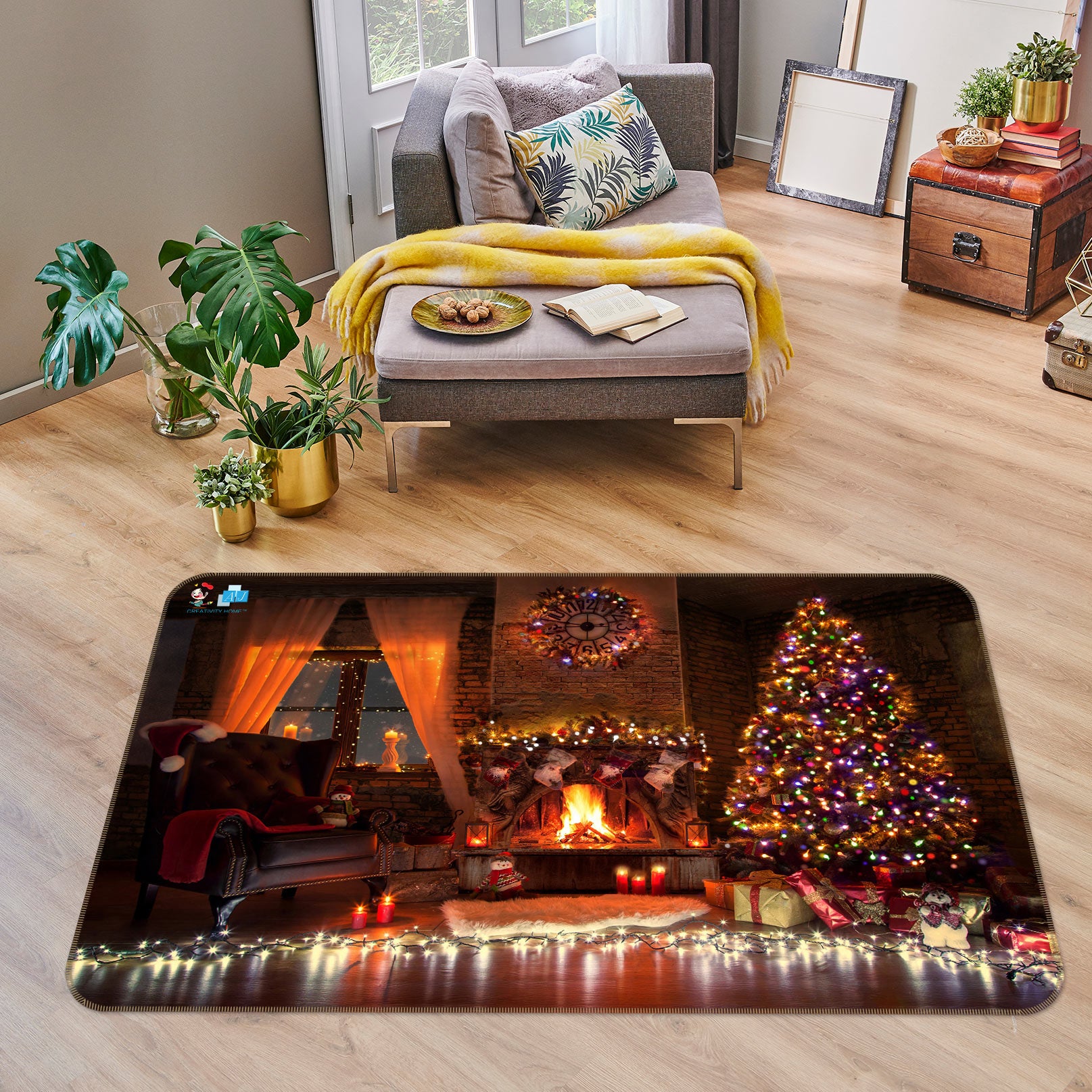 3D Fireplace Tree String Lights 55022 Christmas Non Slip Rug Mat Xmas