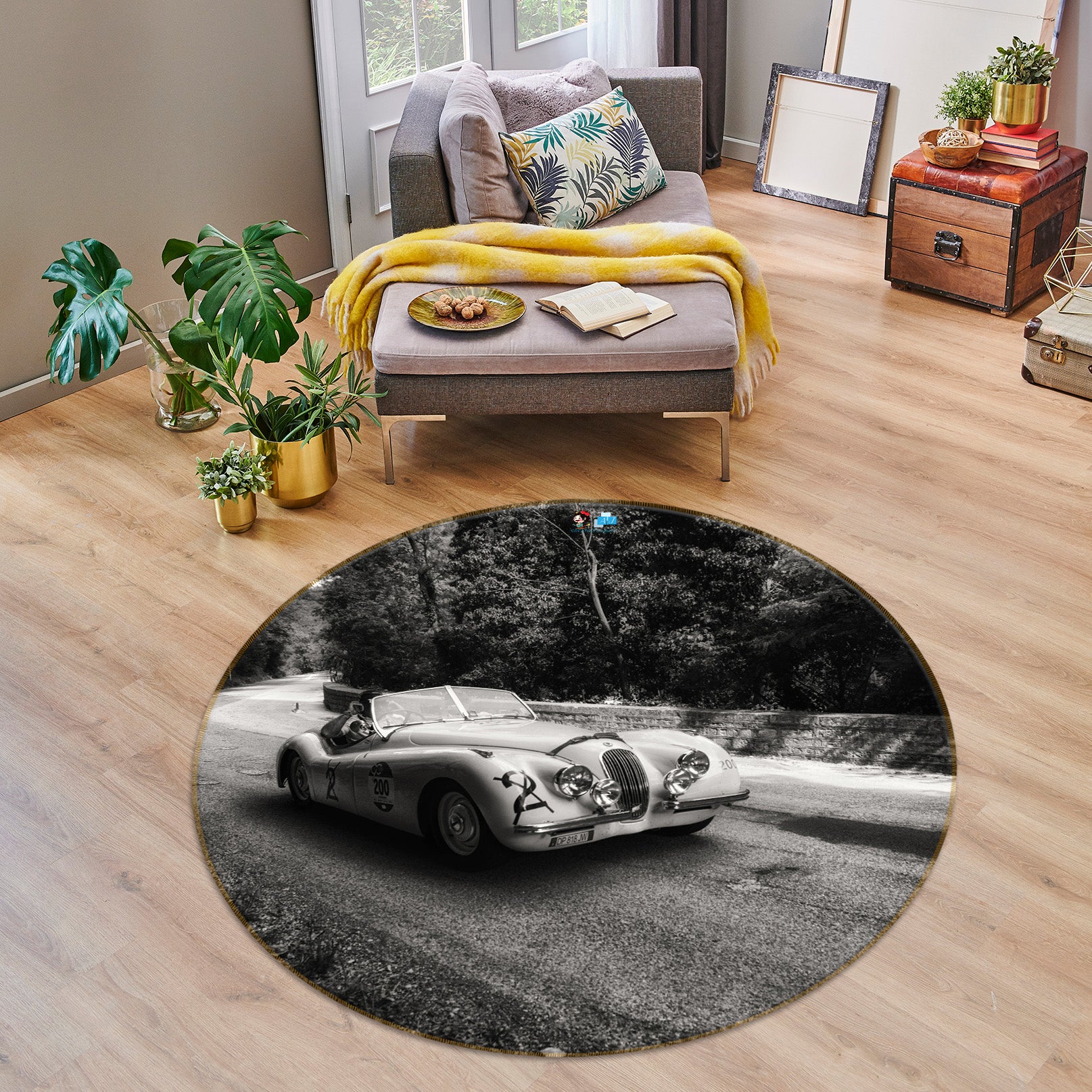 3D Black White Sports Car 74185 Round Non Slip Rug Mat