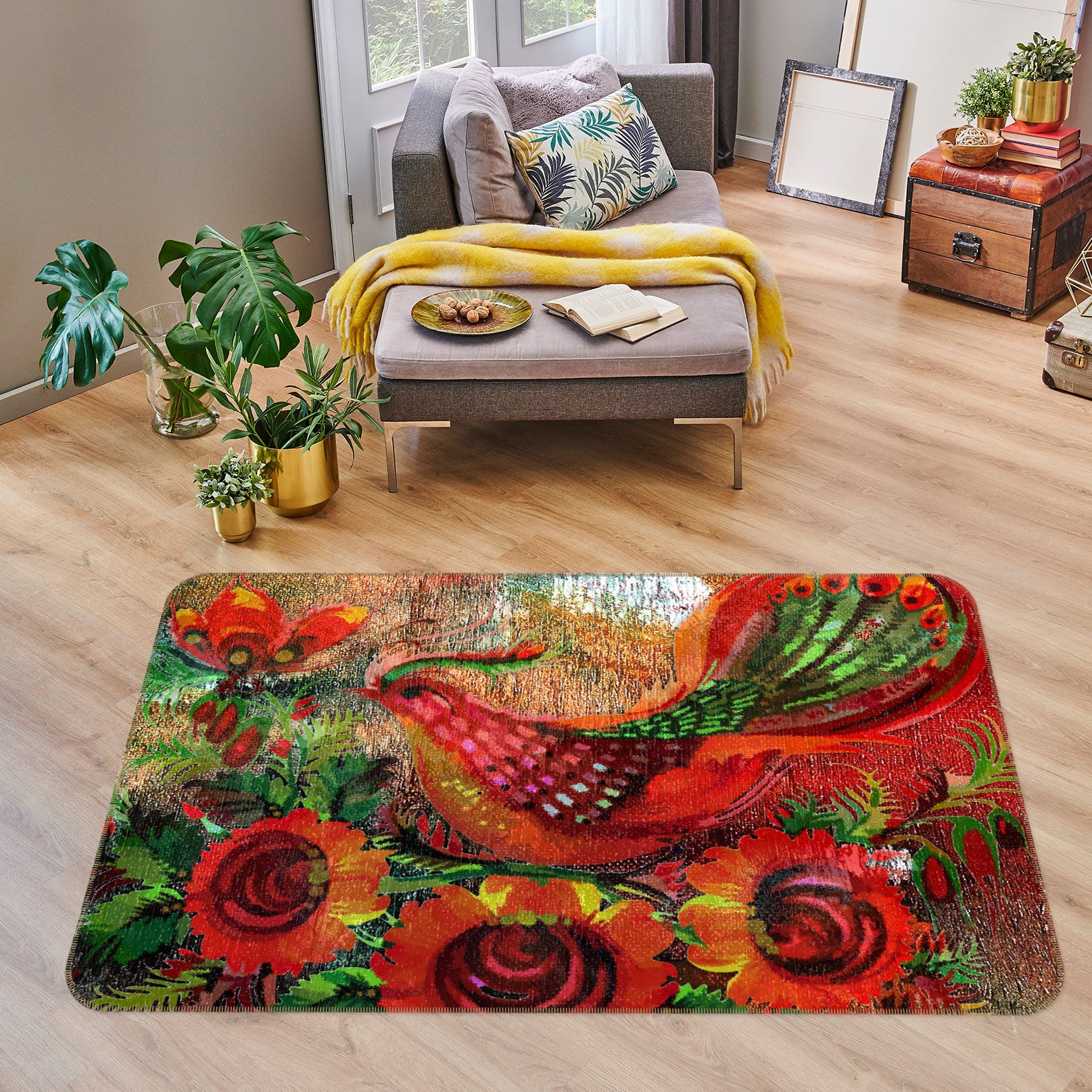 3D Red Flower Bird 76015 Non Slip Rug Mat