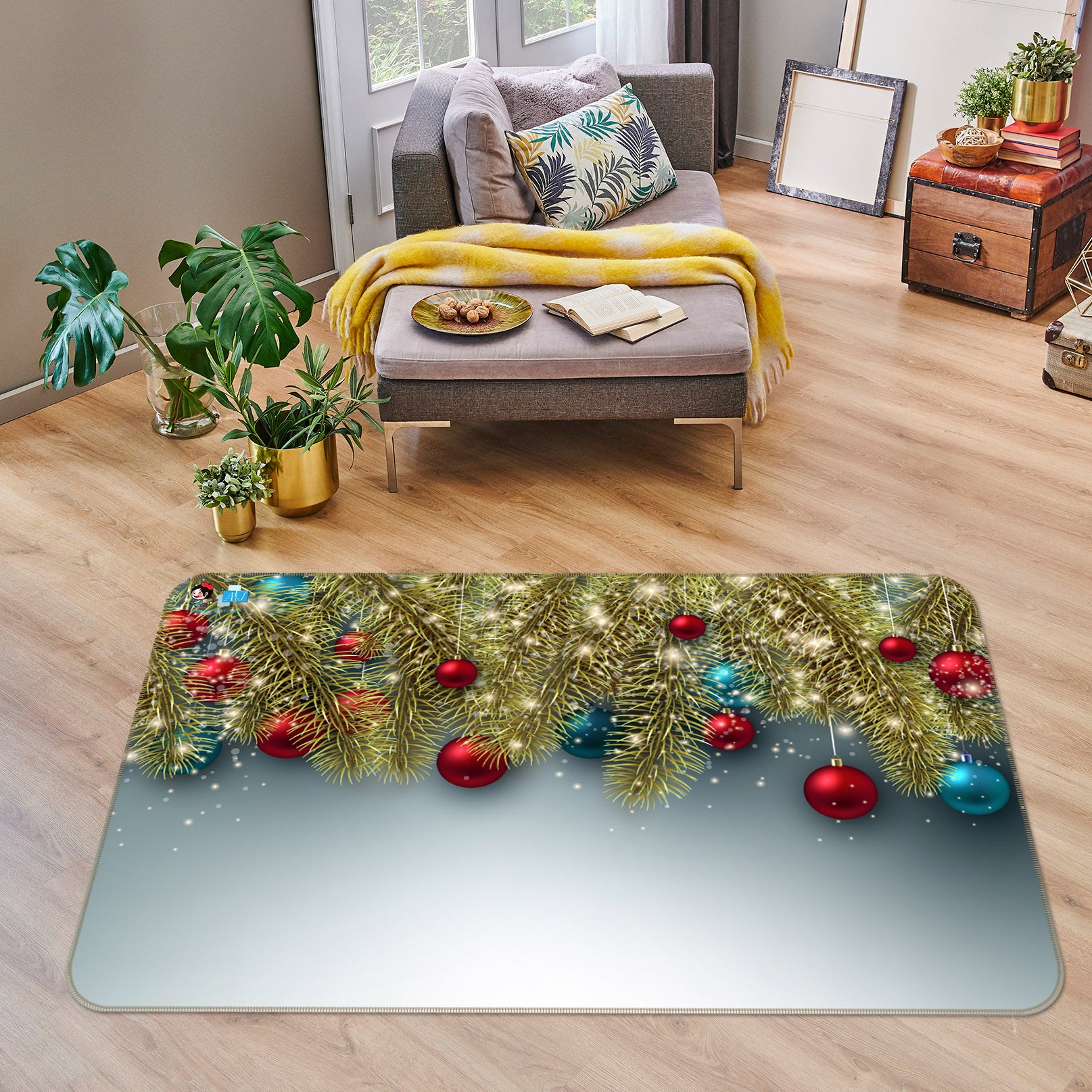 3D Golden Branches Ball 55061 Christmas Non Slip Rug Mat Xmas