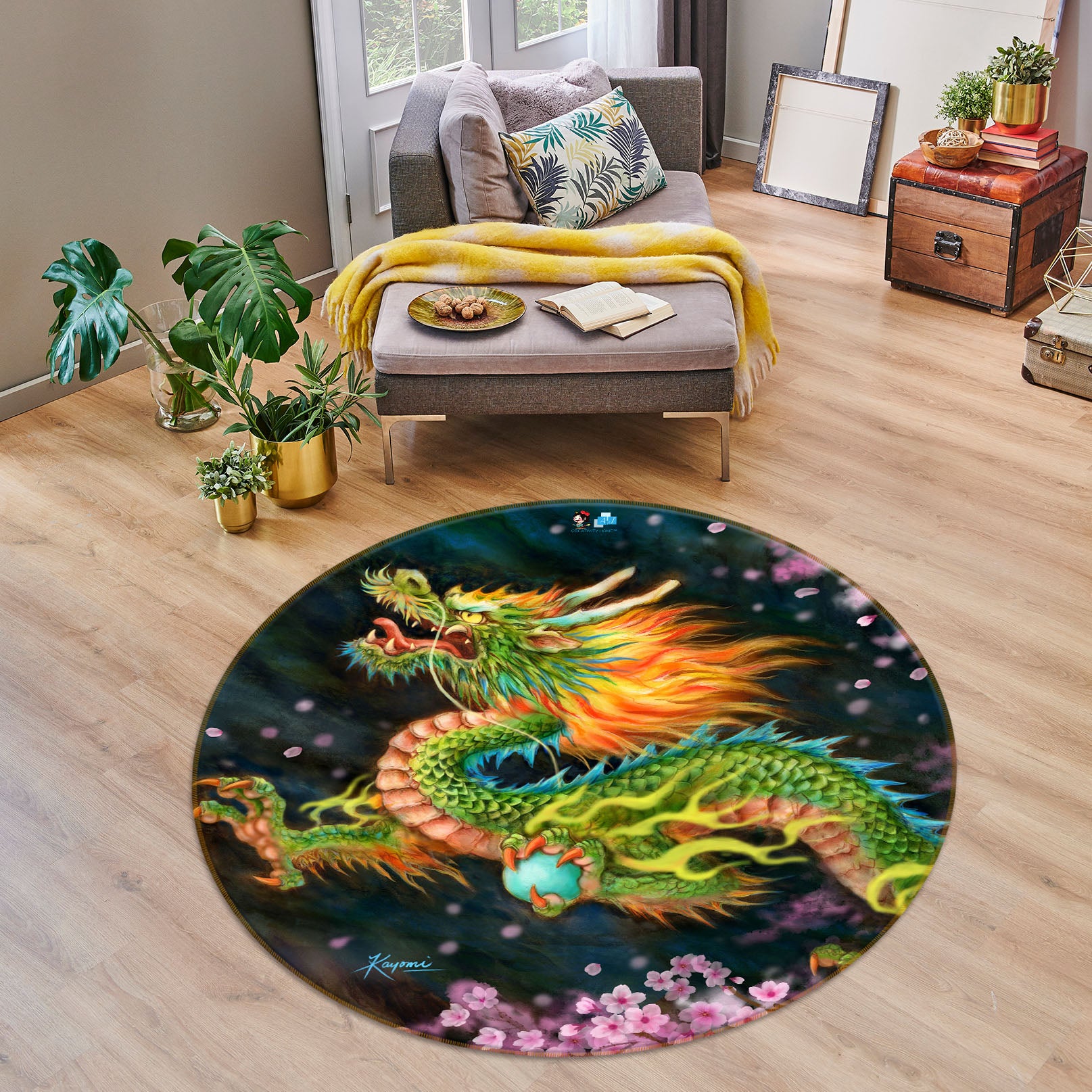3D Peach Blossom Dragon 6025 Kayomi Harai Rug Round Non Slip Rug Mat