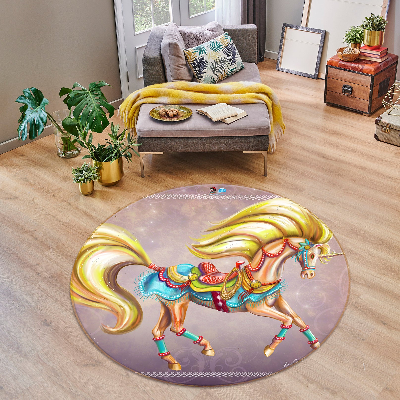 3D Golden Unicorn 83180 Rose Catherine Khan Rug Round Non Slip Rug Mat