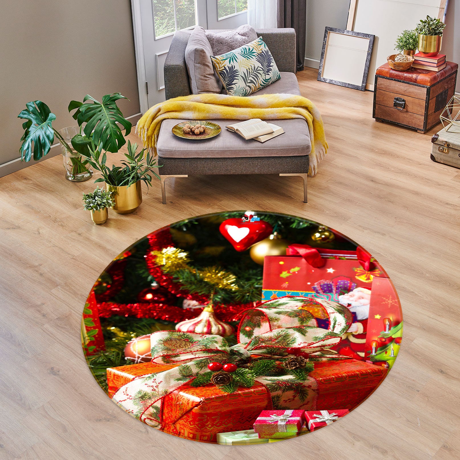 3D Gift Box 54010 Christmas Round Non Slip Rug Mat Xmas