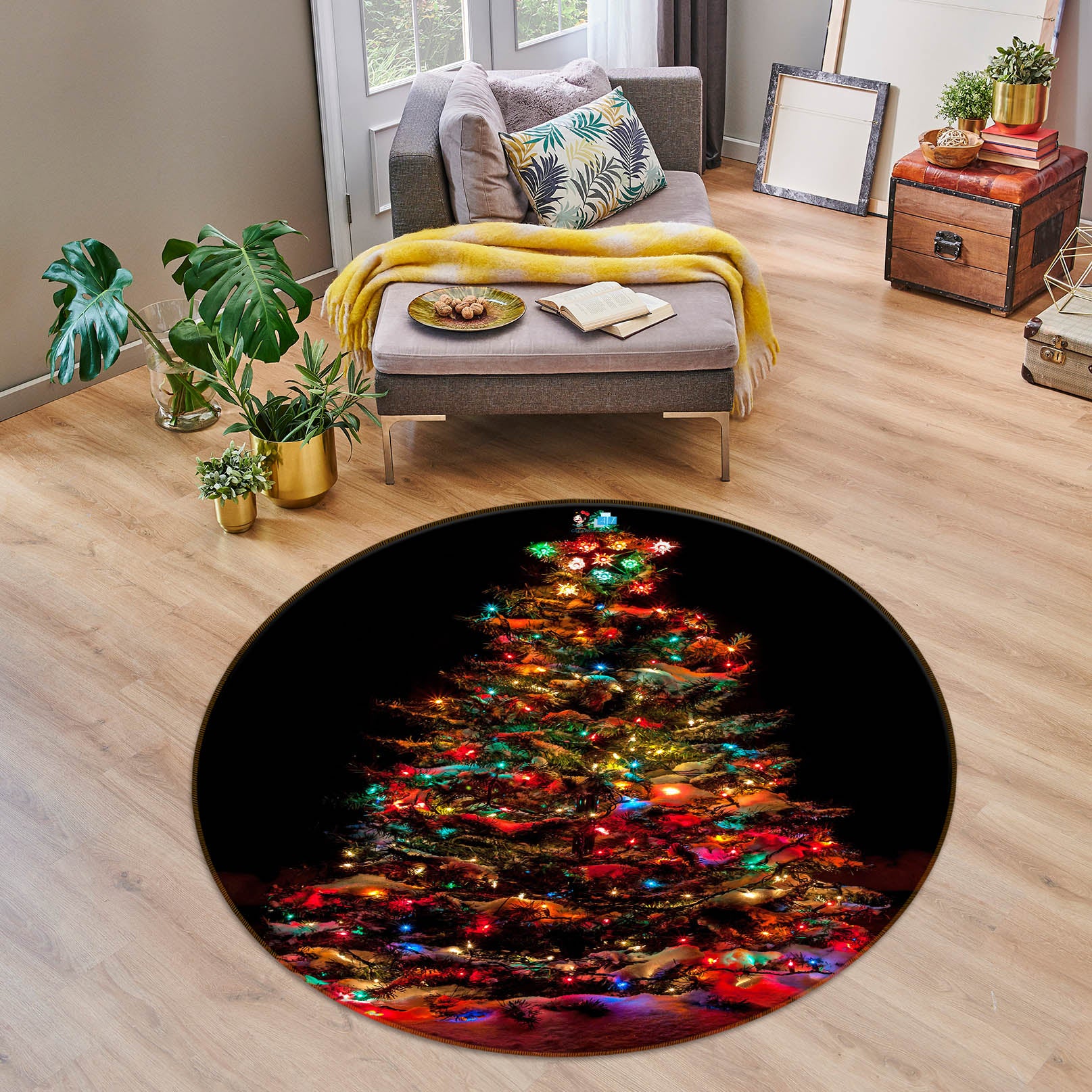 3D Colored Lights Tree 54132 Christmas Round Non Slip Rug Mat Xmas