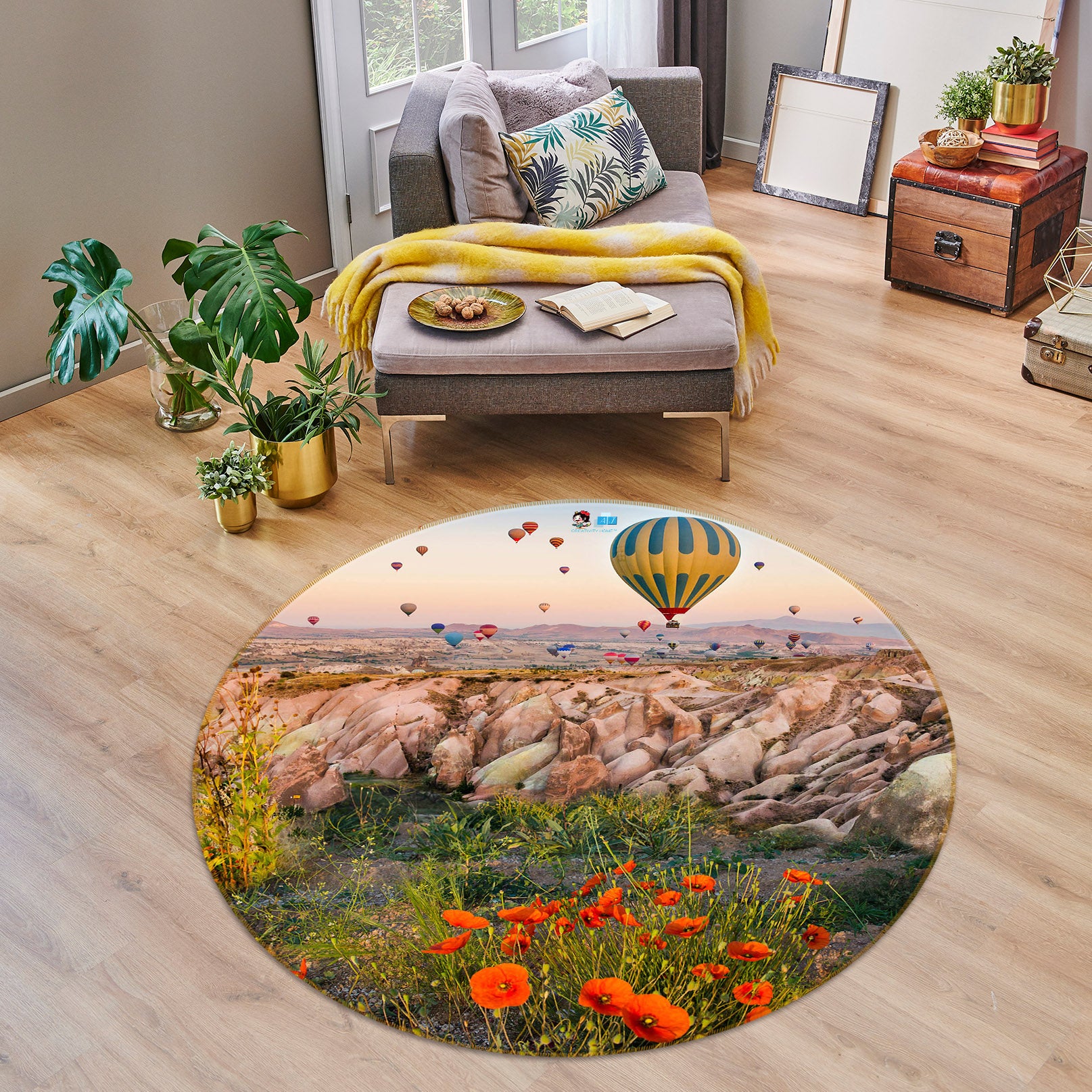 3D Hot Air Balloon Flower Bush 75038 Round Non Slip Rug Mat