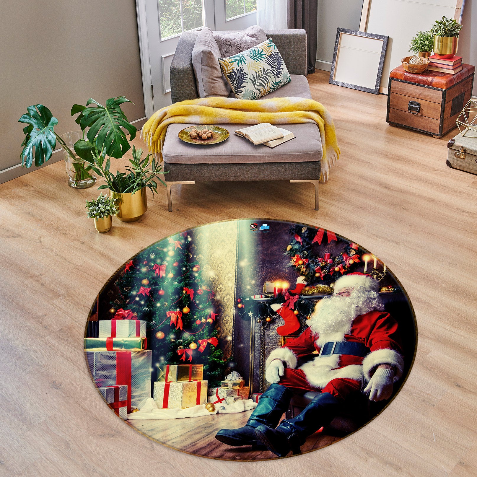 3D Santa Claus 54015 Christmas Round Non Slip Rug Mat Xmas
