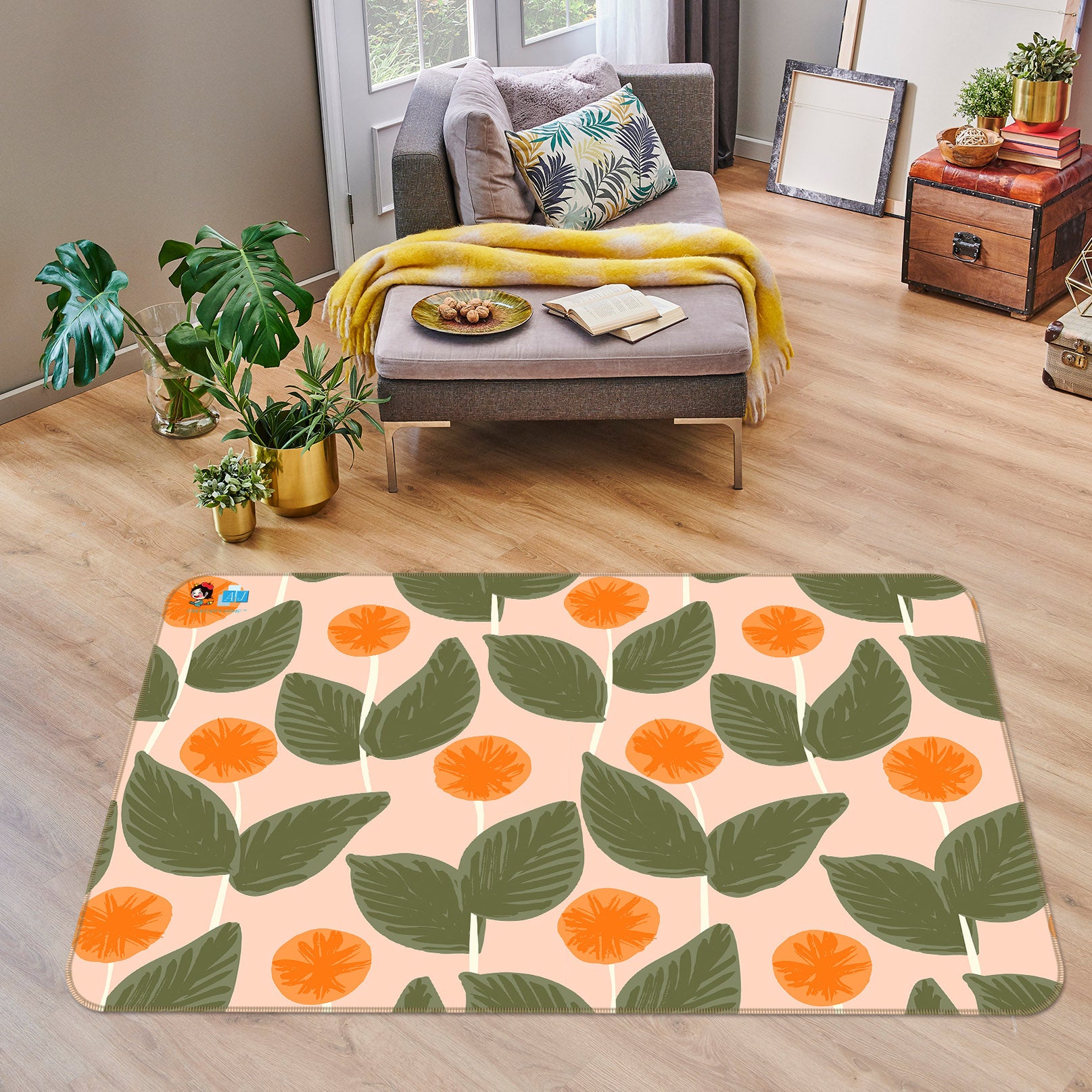 3D Orange Round Flowers Leaves 107104 Kashmira Jayaprakash Rug Non Slip Rug Mat