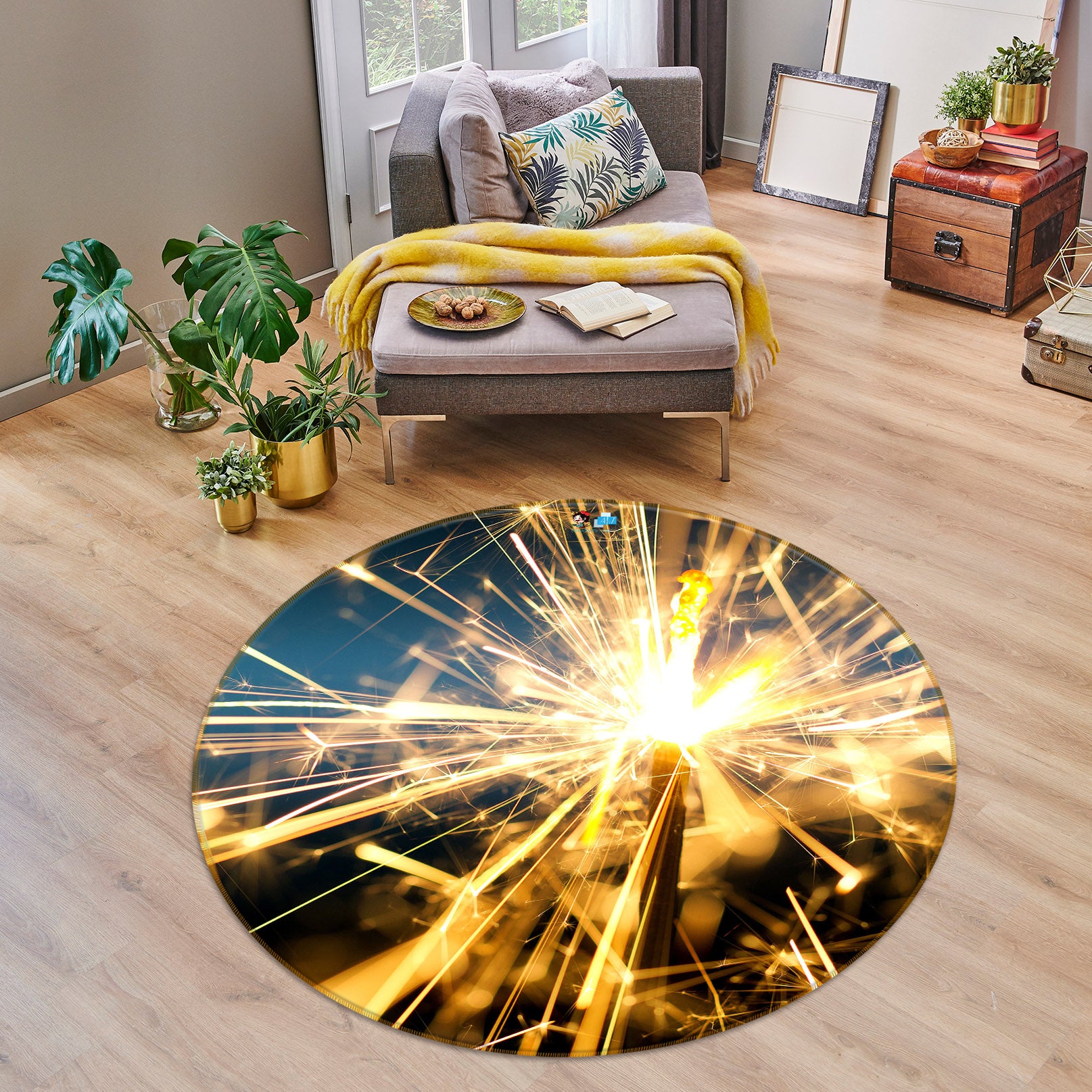 3D Fireworks 54104 Christmas Round Non Slip Rug Mat Xmas