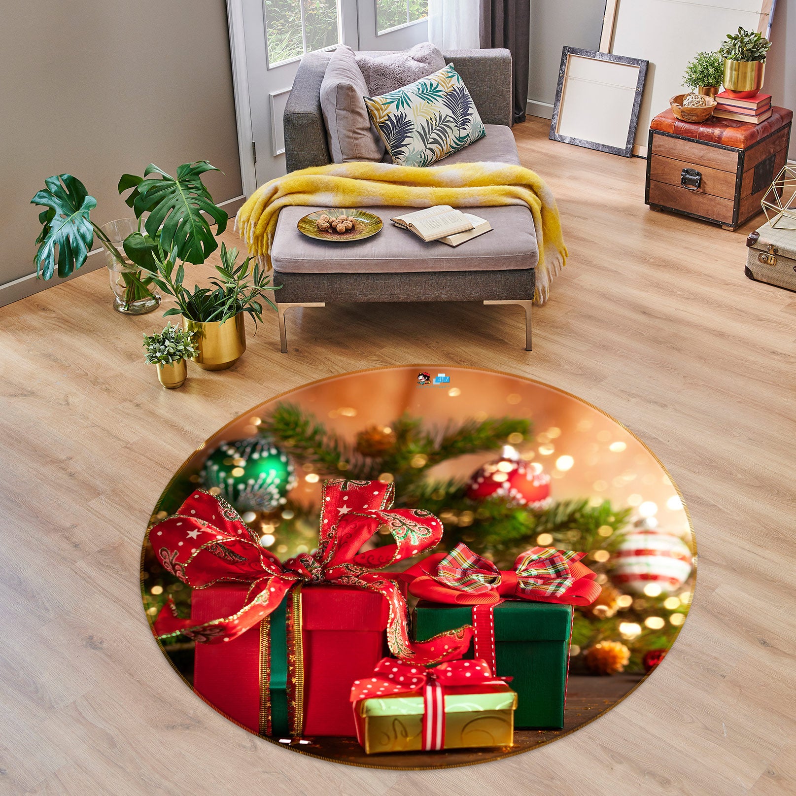 3D Gift Box 54086 Christmas Round Non Slip Rug Mat Xmas