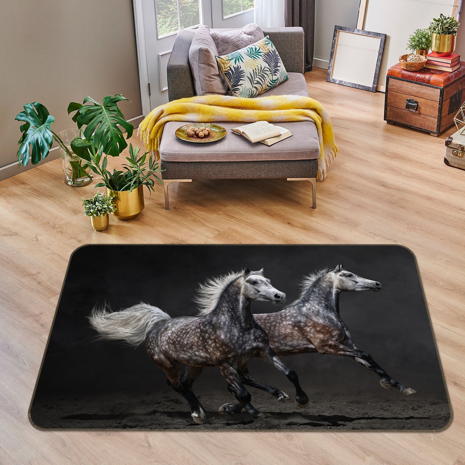 3D Two Black Gray Horses 30131 Non Slip Rug Mat