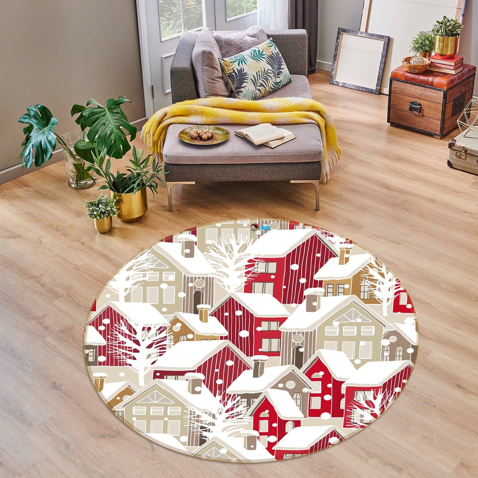 3D Snow Red House 54174 Christmas Round Non Slip Rug Mat Xmas