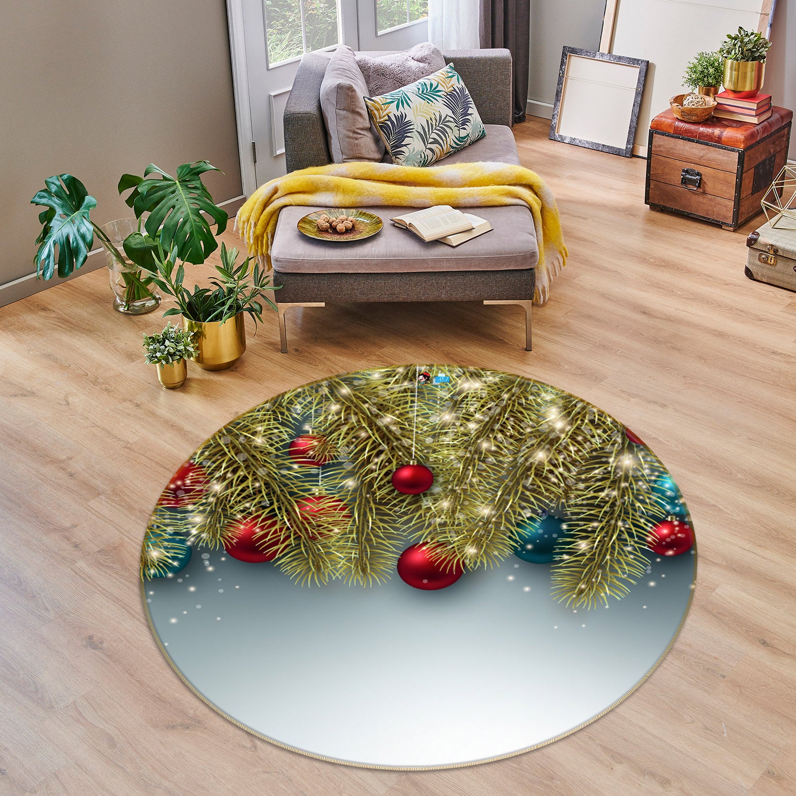 3D Golden Branches 54186 Christmas Round Non Slip Rug Mat Xmas