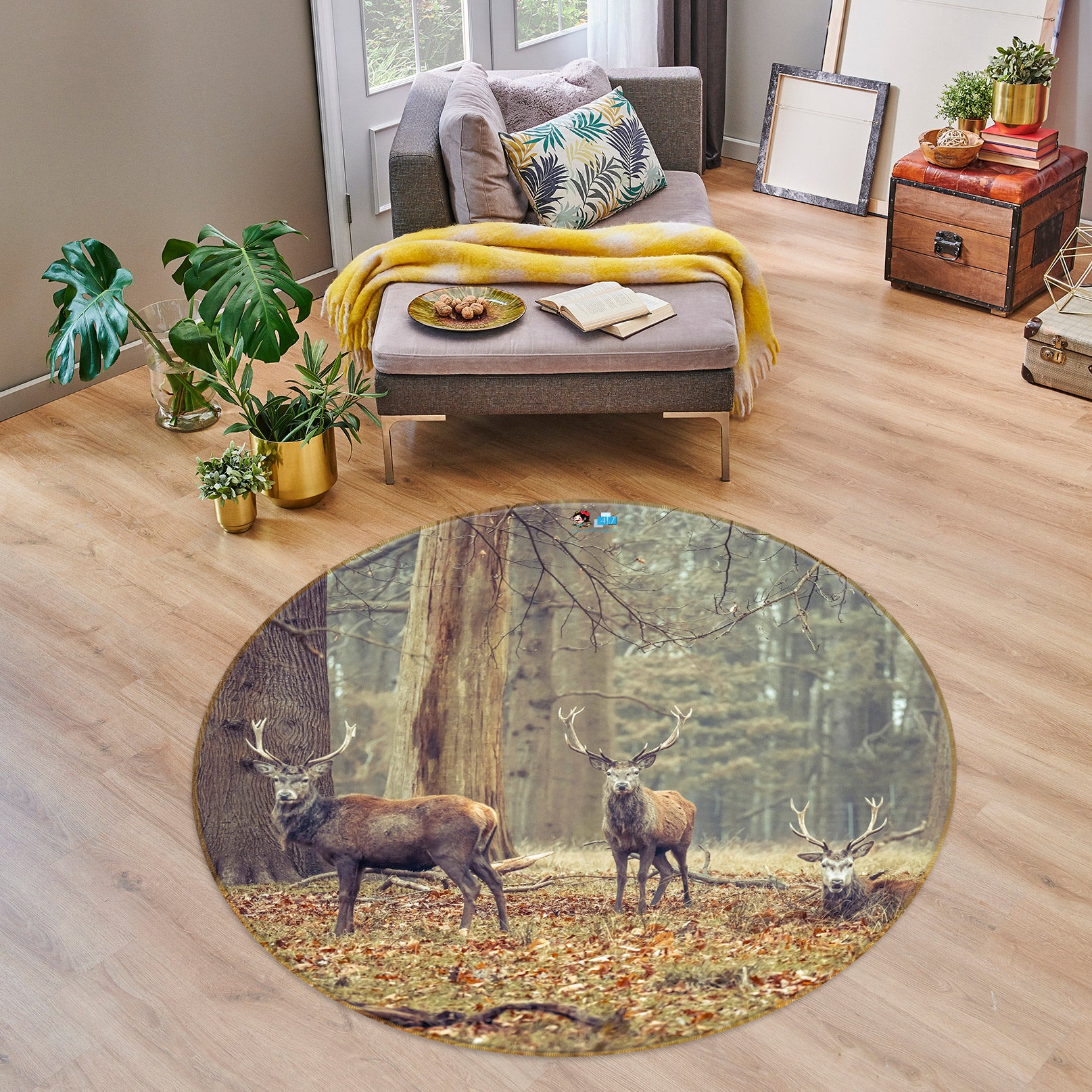 3D Forest Elk 7572 Assaf Frank Rug Round Non Slip Rug Mat