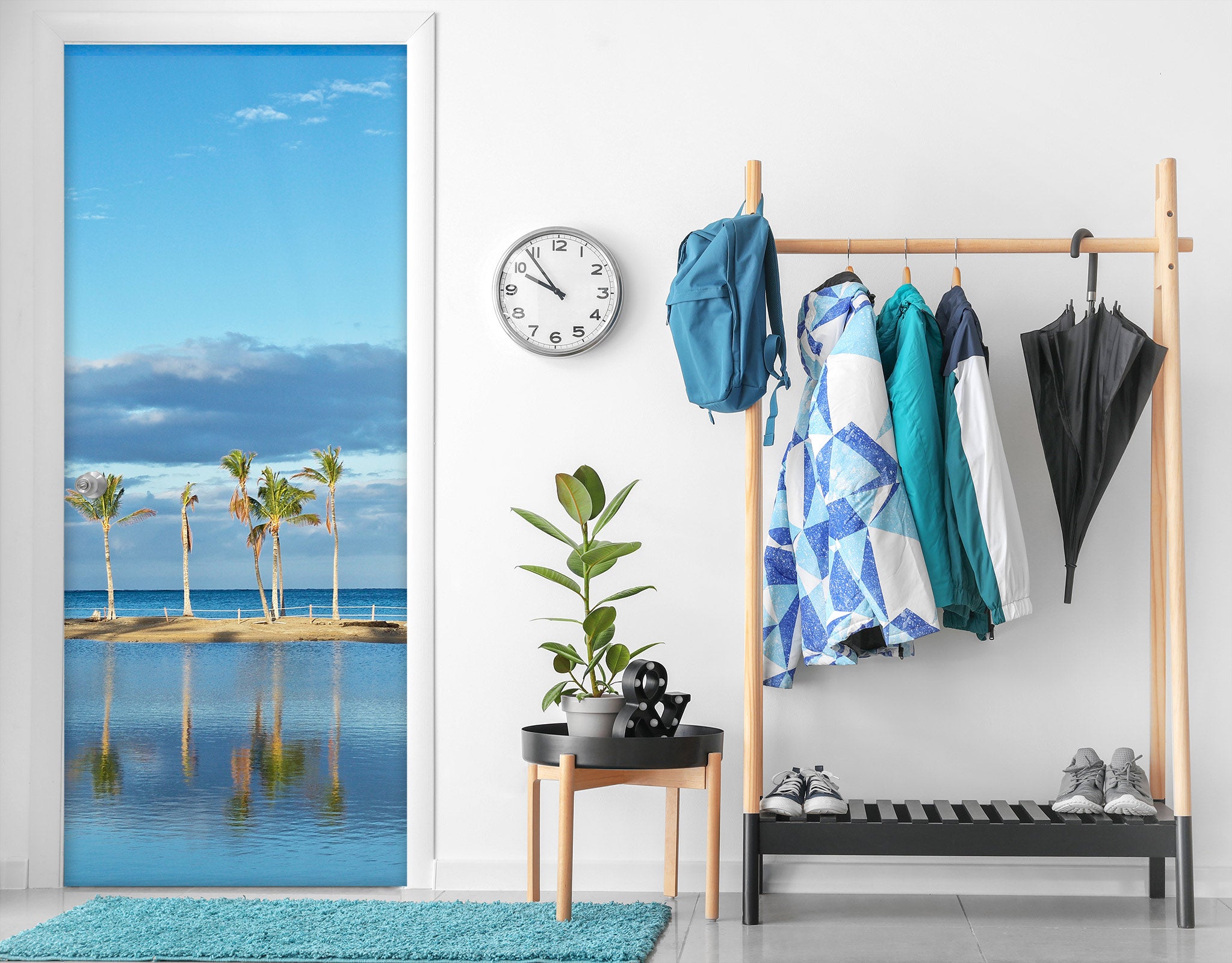 3D Coconut Tree Sea Blue 11120 Kathy Barefield Door Mural