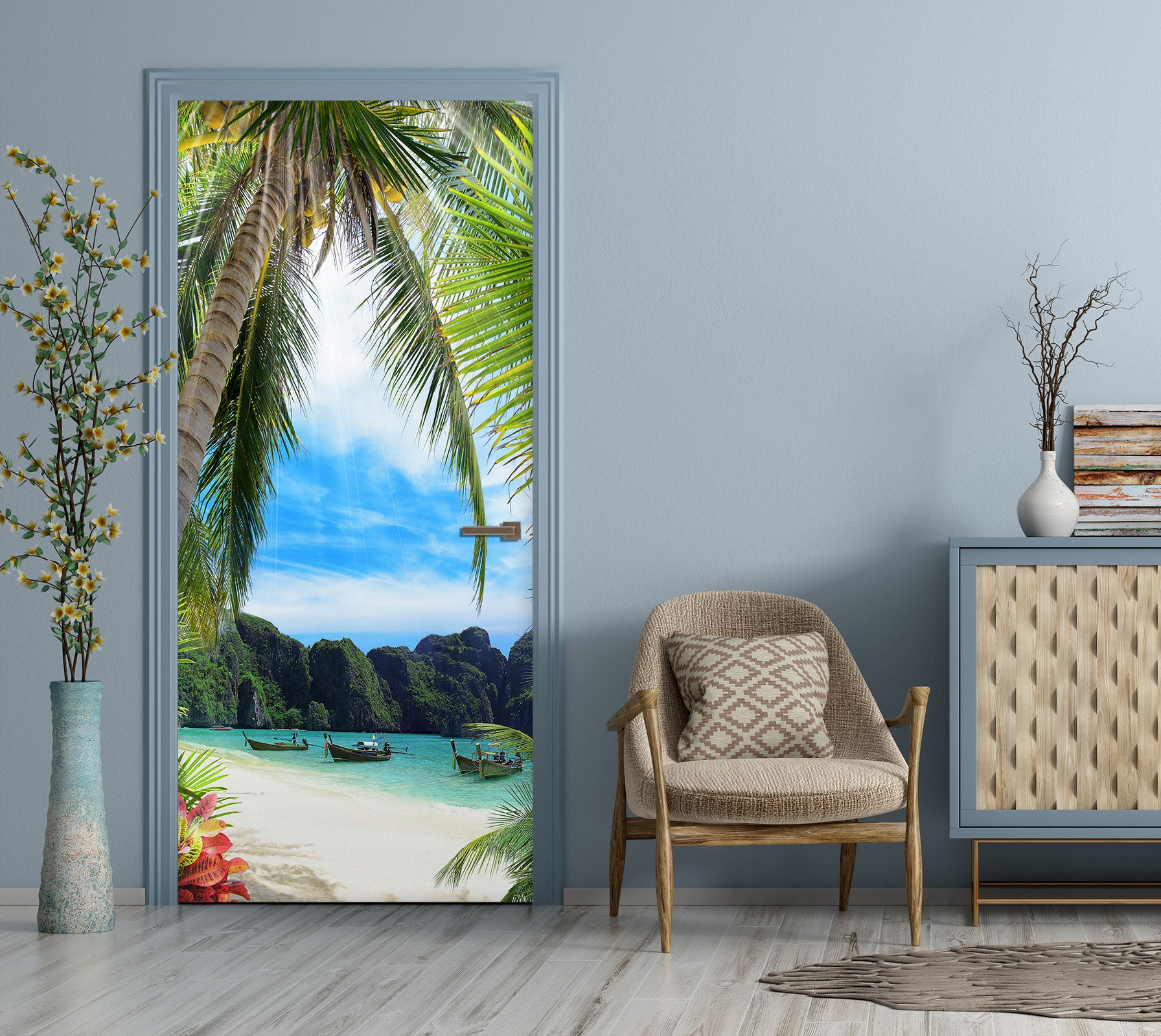 3D Beach Boat Tree 238 Door Mural