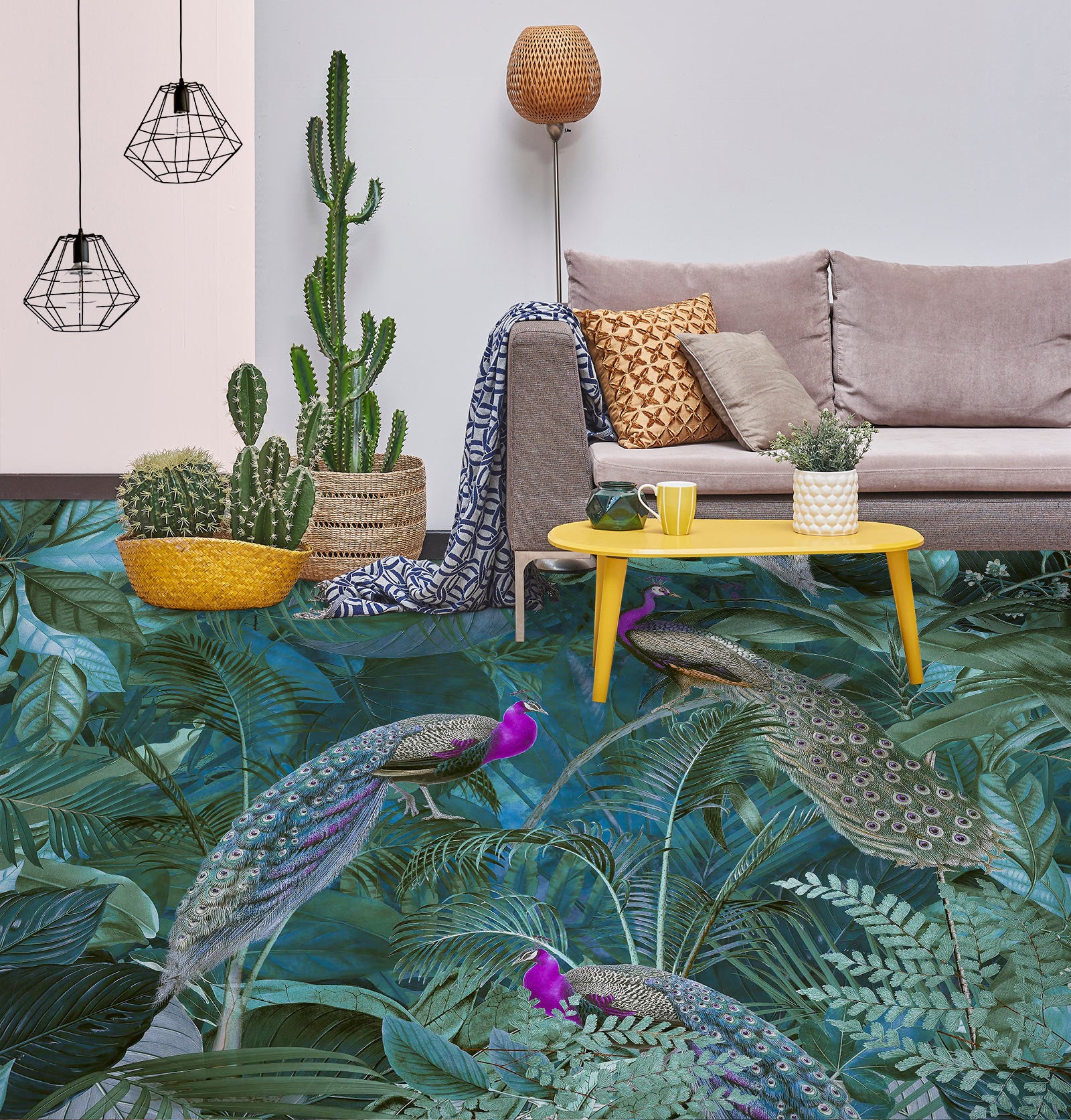 3D Green Bush Purple Peacock 10038 Andrea Haase Floor Mural