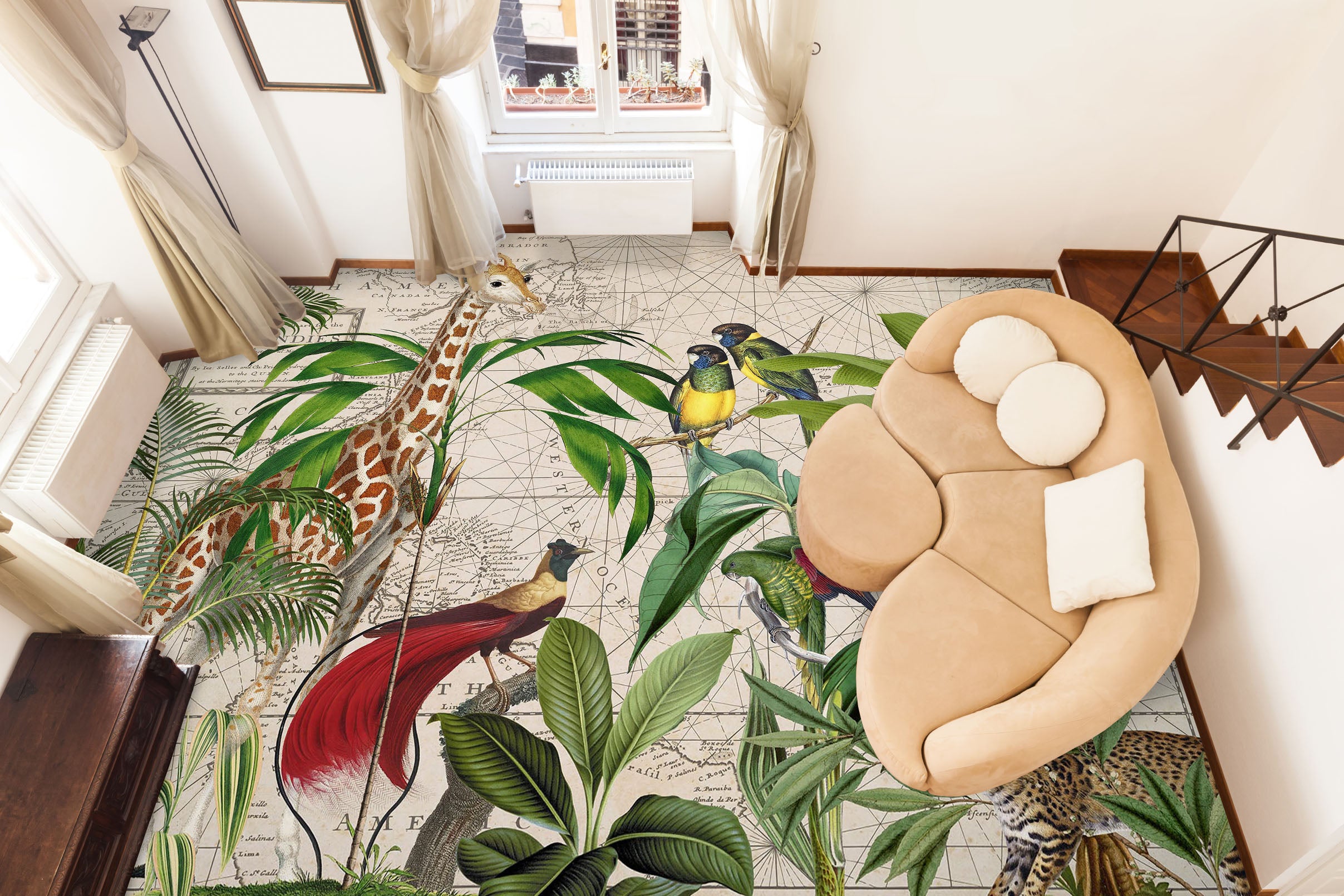 3D Jungle Giraffe Bird 104174 Andrea Haase Floor Mural