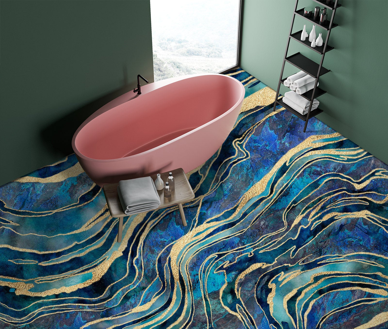 3D Teal Gold Stripes 102124 Andrea Haase Floor Mural