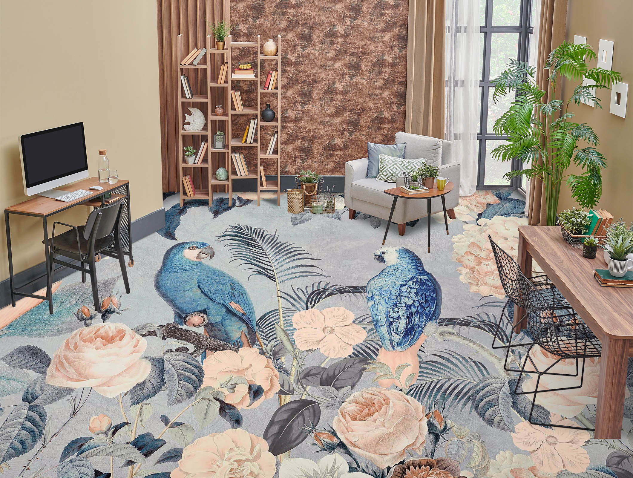 3D Blue Parrot Flower Bush 104159 Andrea Haase Floor Mural