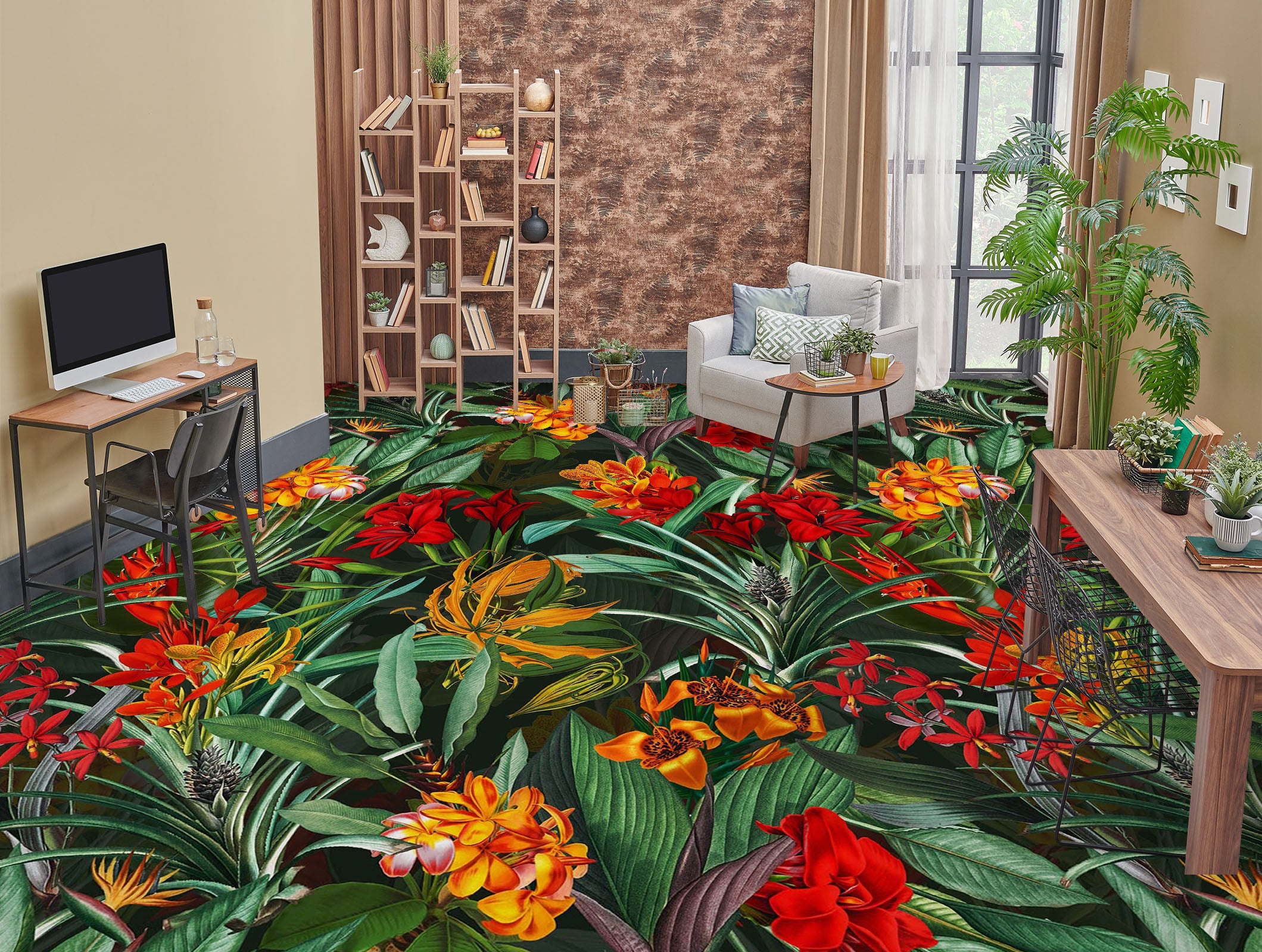 3D Red Flowers Leaves 99194 Uta Naumann Floor Mural