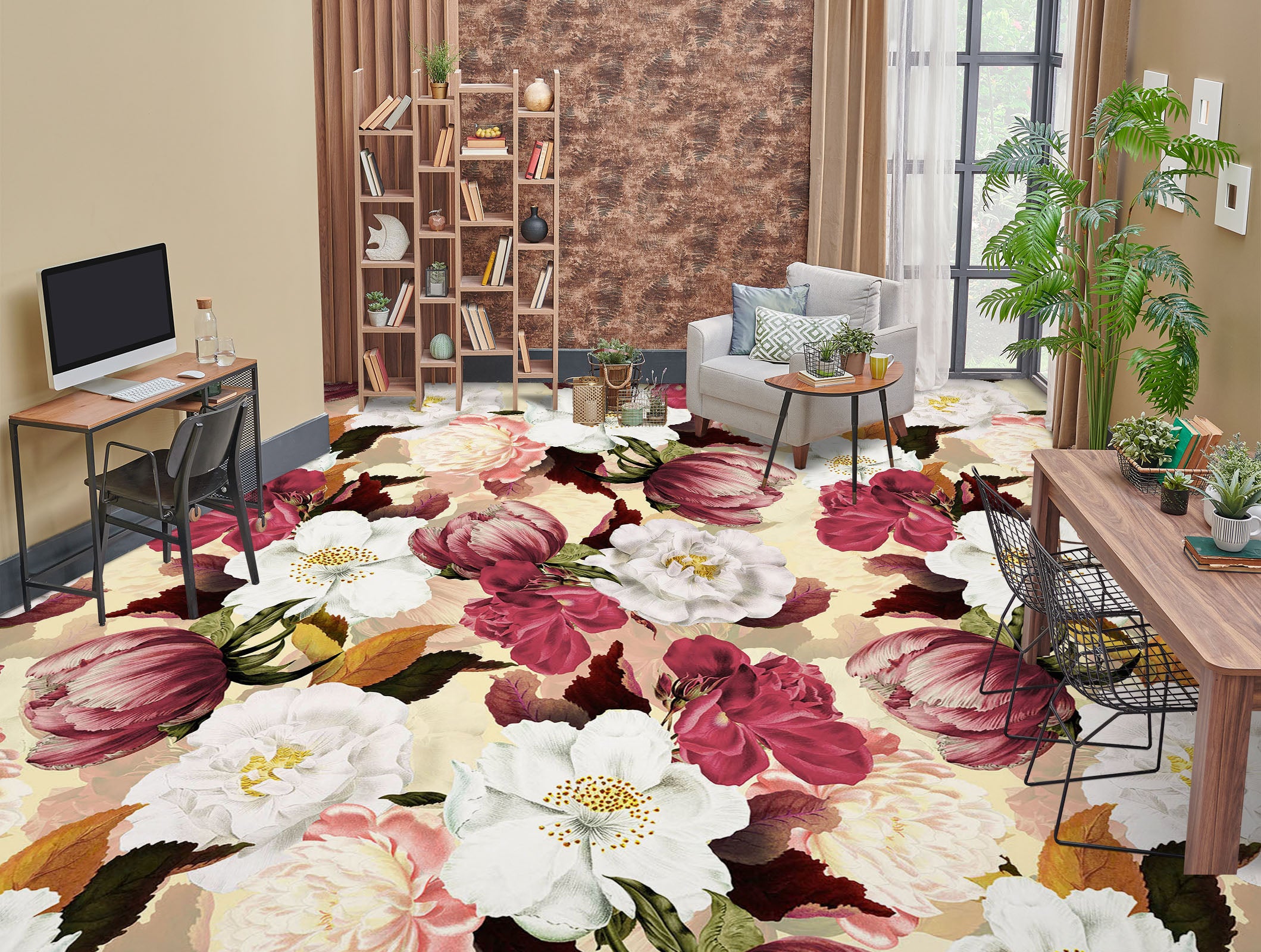 3D White Pink Flower Pattern 10013 Uta Naumann Floor Mural