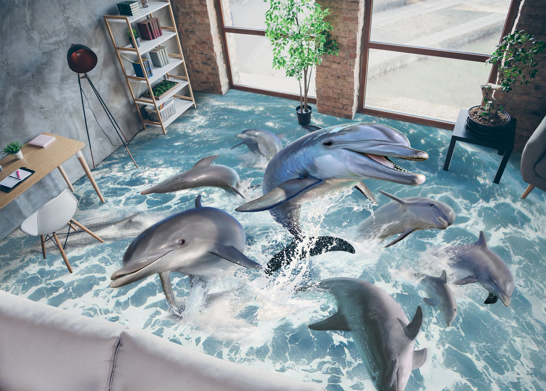 3D Dolphin Jumping Waves 96218 Jerry LoFaro Floor Mural
