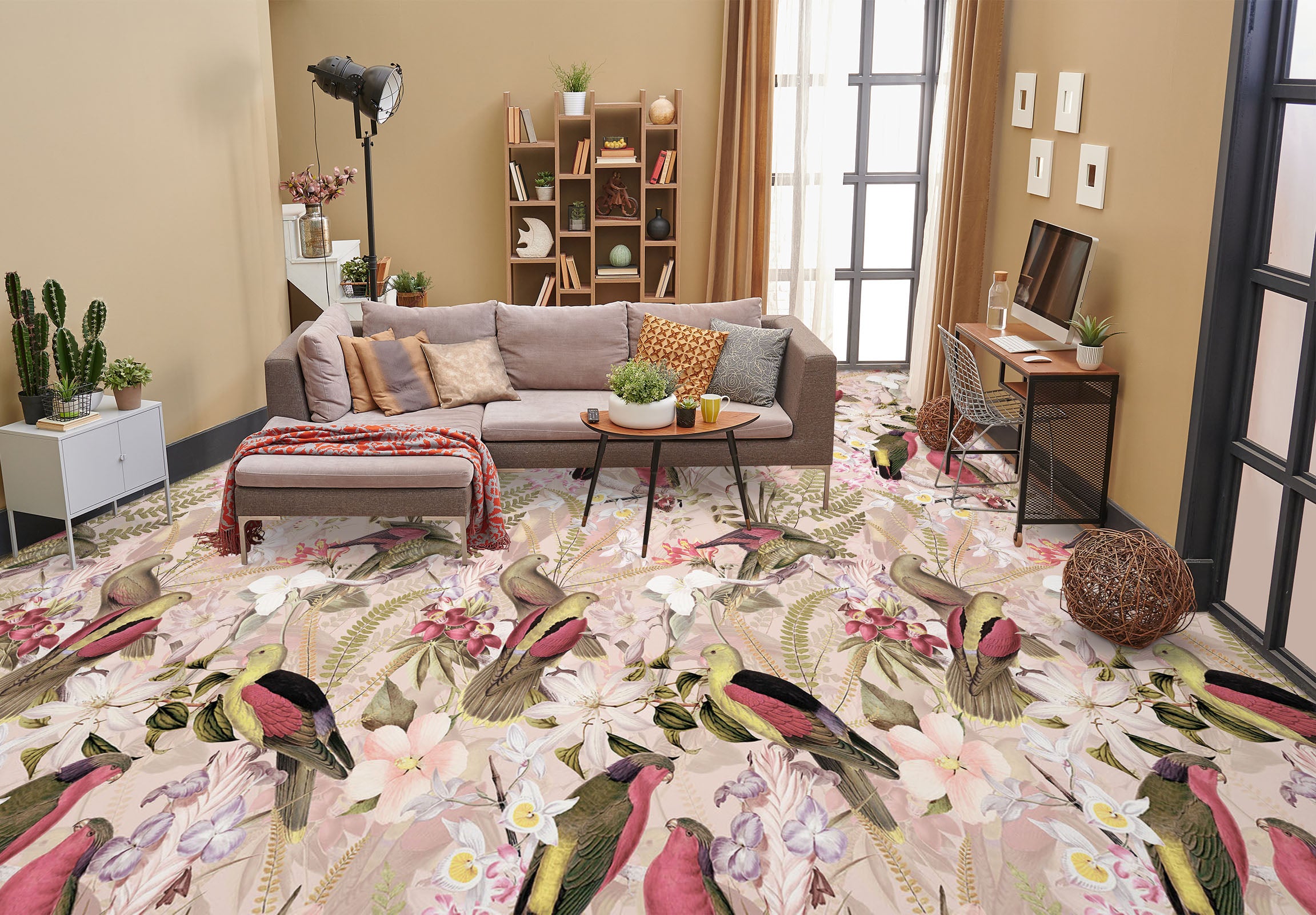 3D Flower Bird Pattern 99176 Uta Naumann Floor Mural