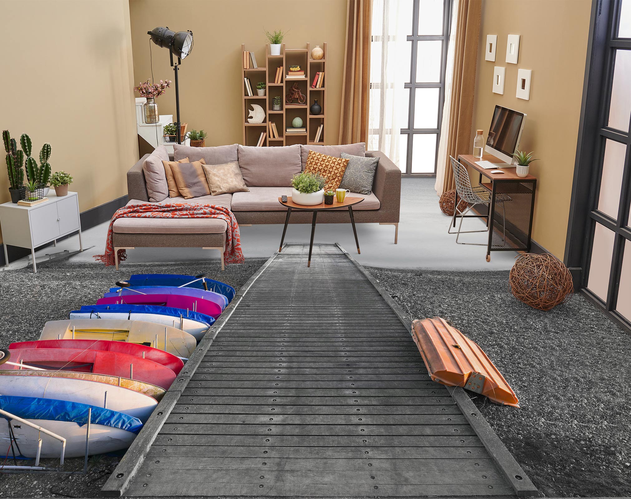 3D Beach Bridge Boat 9842 Assaf Frank Floor Mural