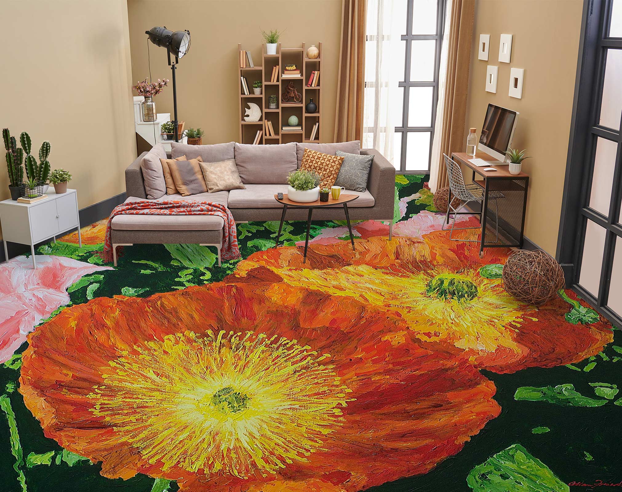 3D Red Flower Yellow Core 9570 Allan P. Friedlander Floor Mural