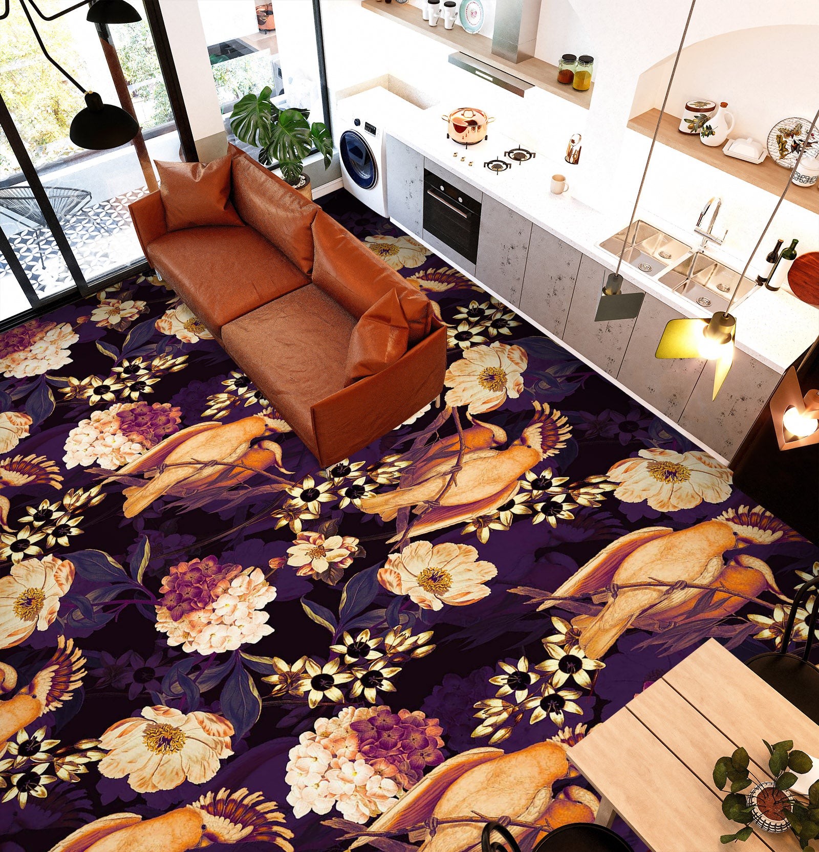 3D Brown Flower Bird 99190 Uta Naumann Floor Mural