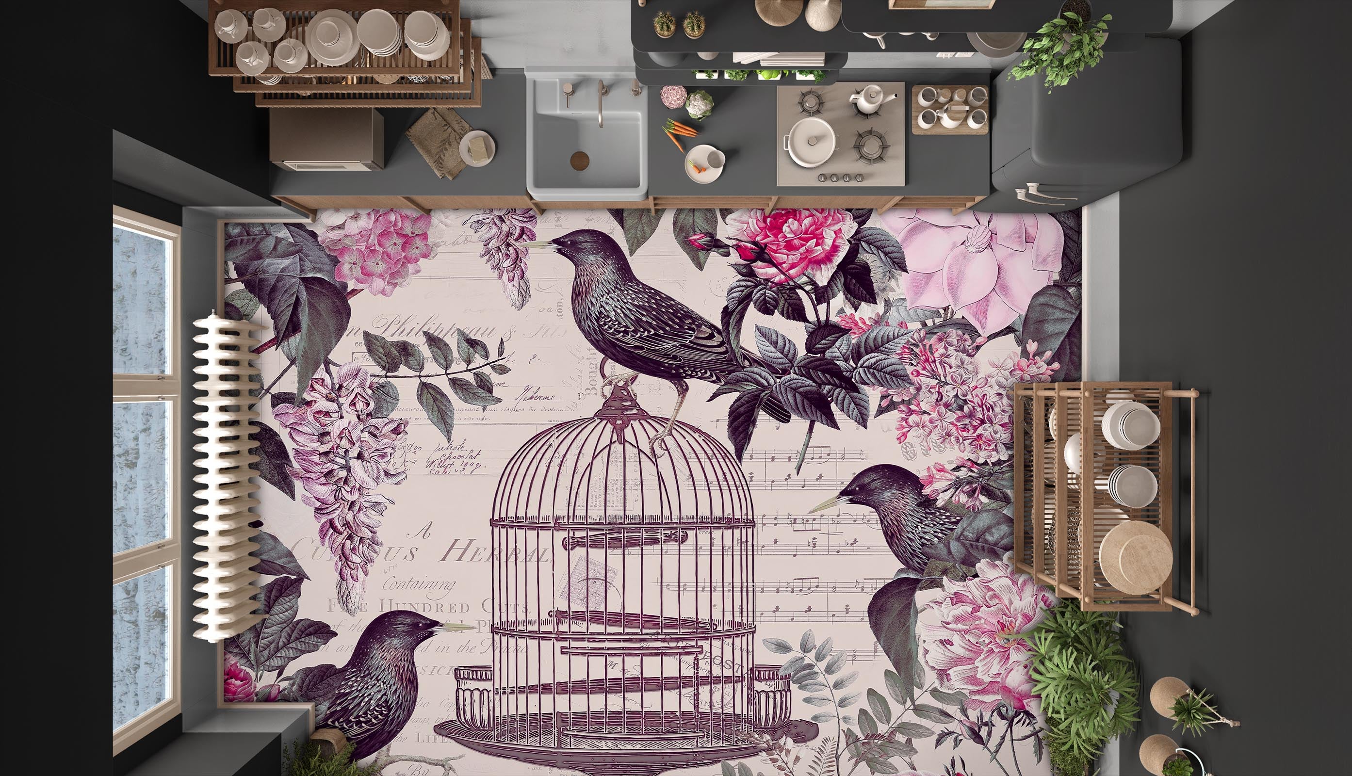 3D Birdcage Pink Flower Bush 140134 Andrea Haase Floor Mural