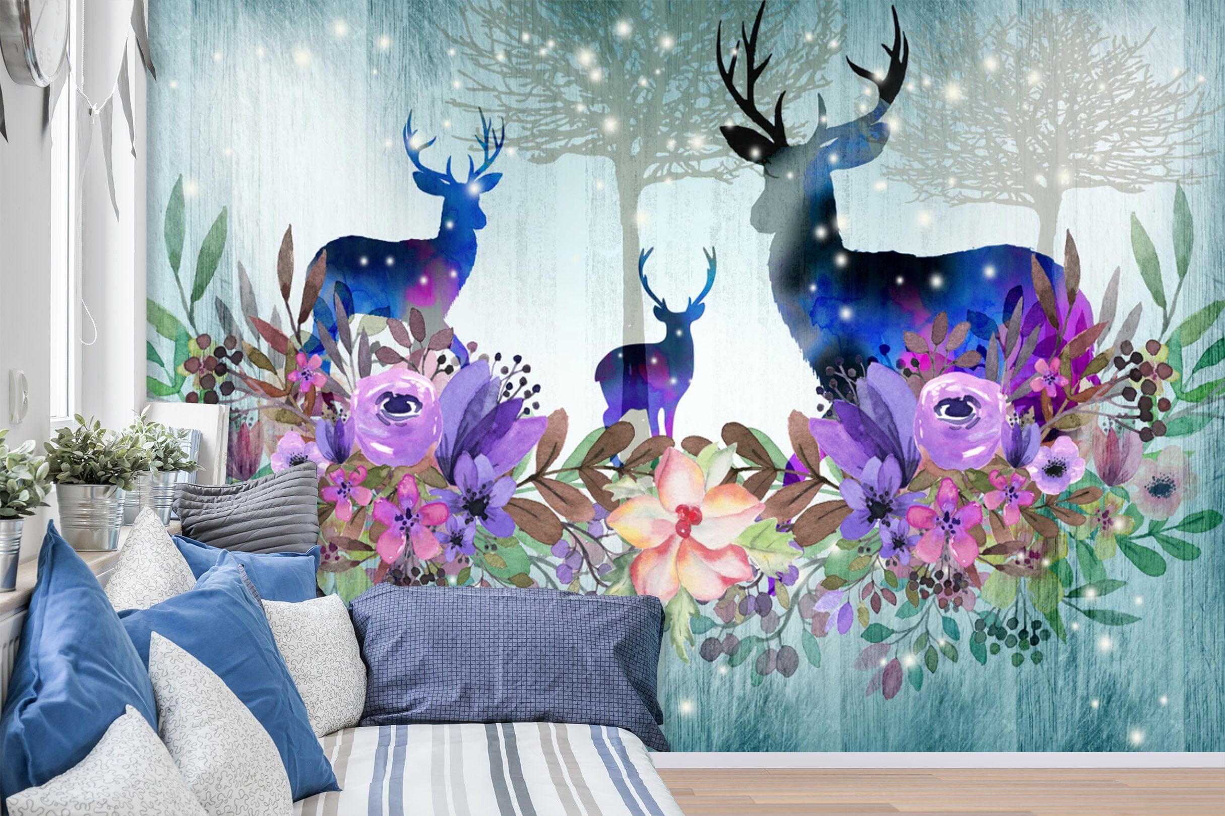 3D Flower Deer 1453 Wall Murals Wallpaper AJ Wallpaper 2