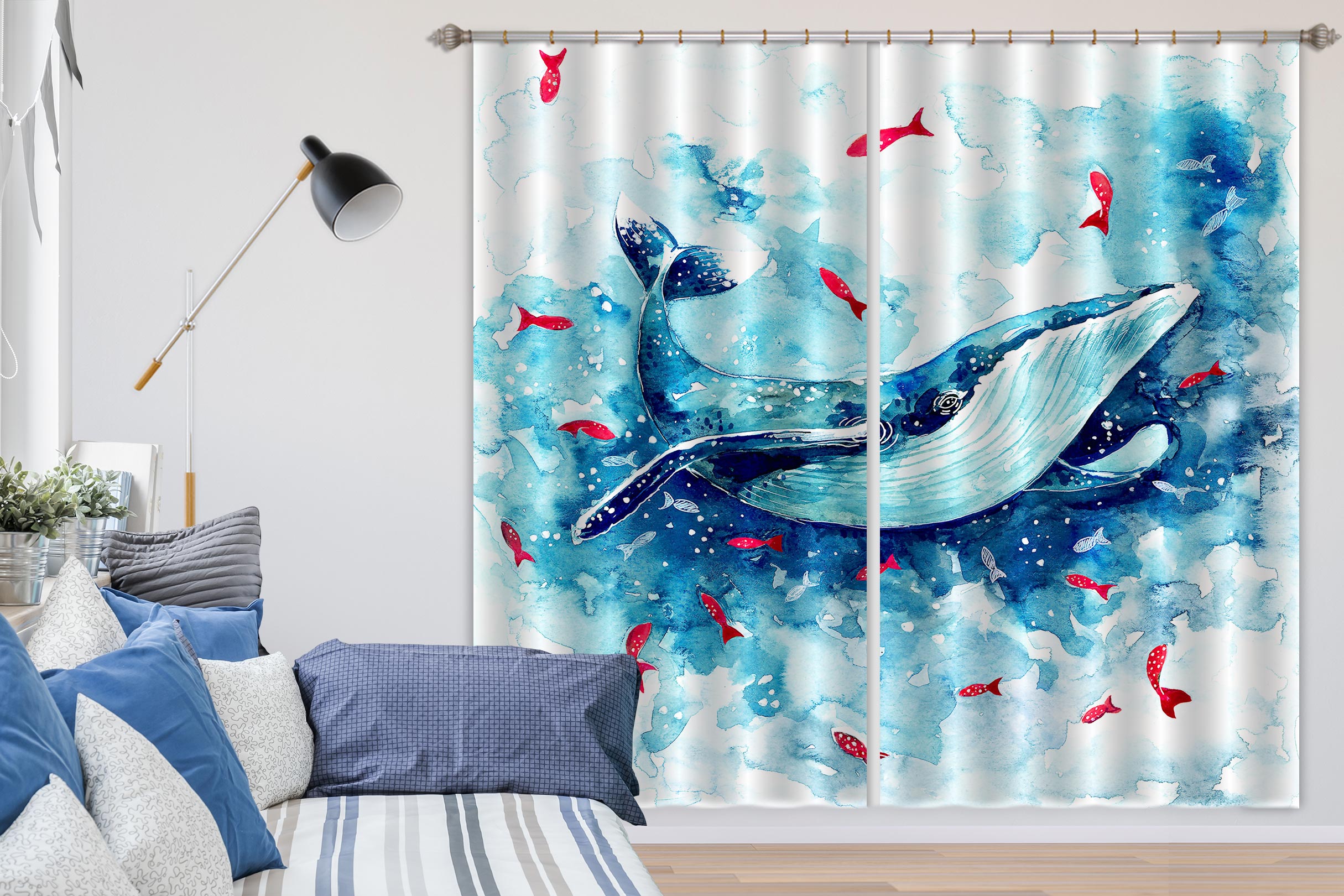 3D Blue Whale 035 Curtains Drapes