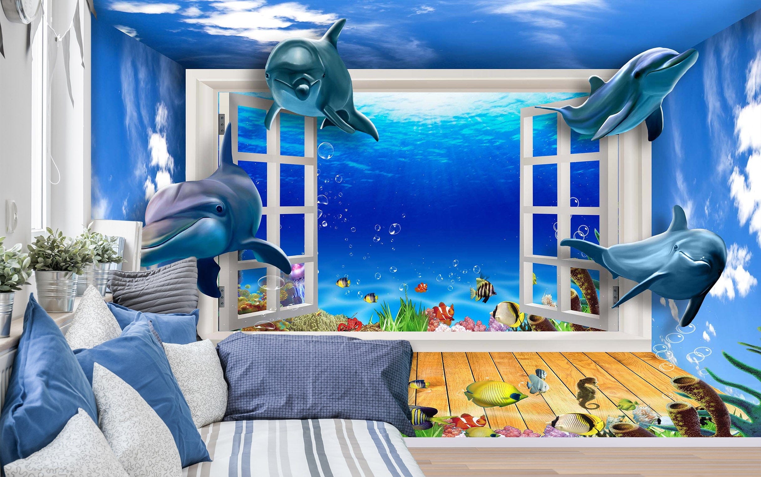 3D Cute Dolphin 1410 Wall Murals Wallpaper AJ Wallpaper 2