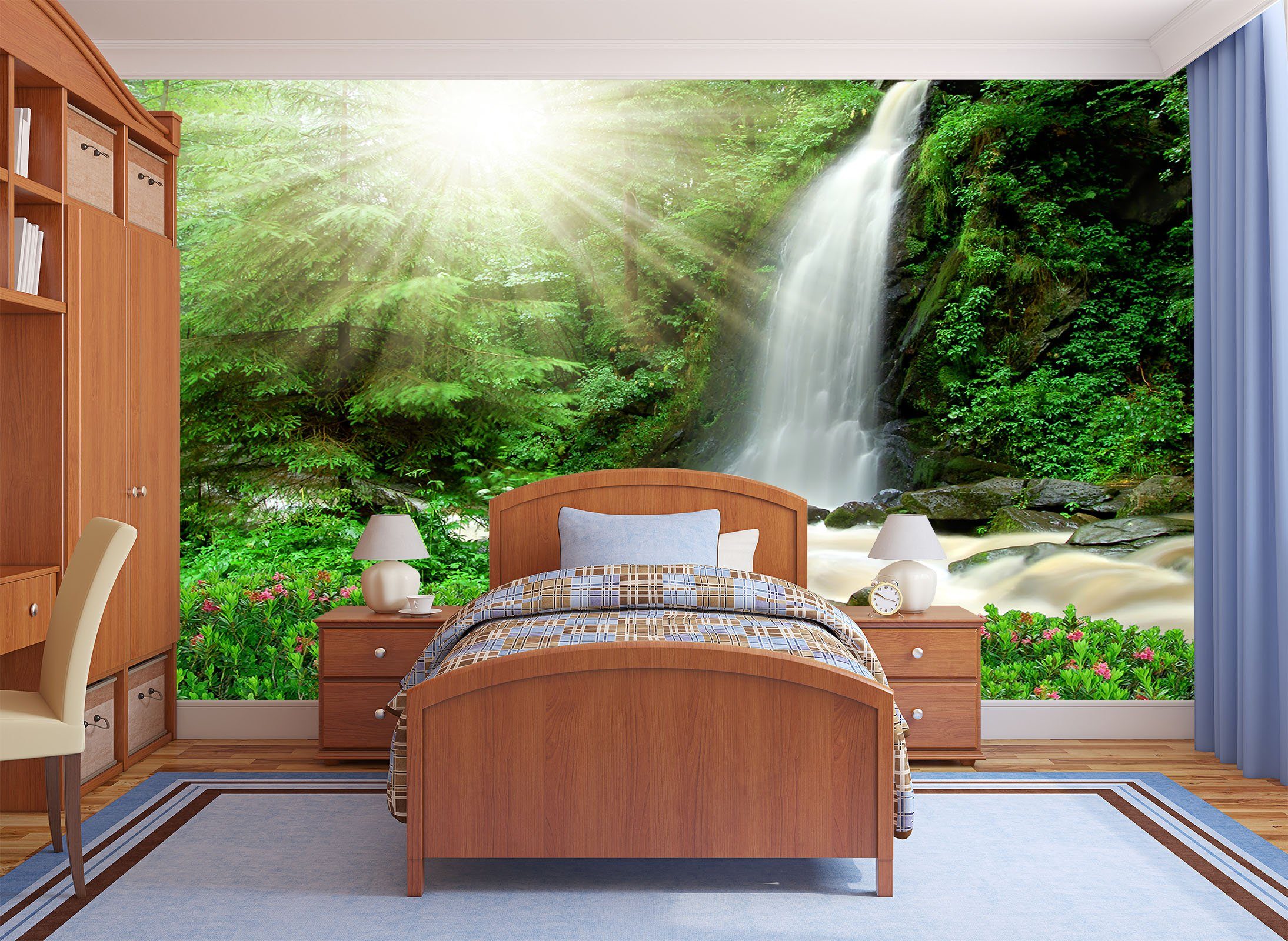 3D Sunny Woods Waterfall 645 Wallpaper AJ Wallpaper