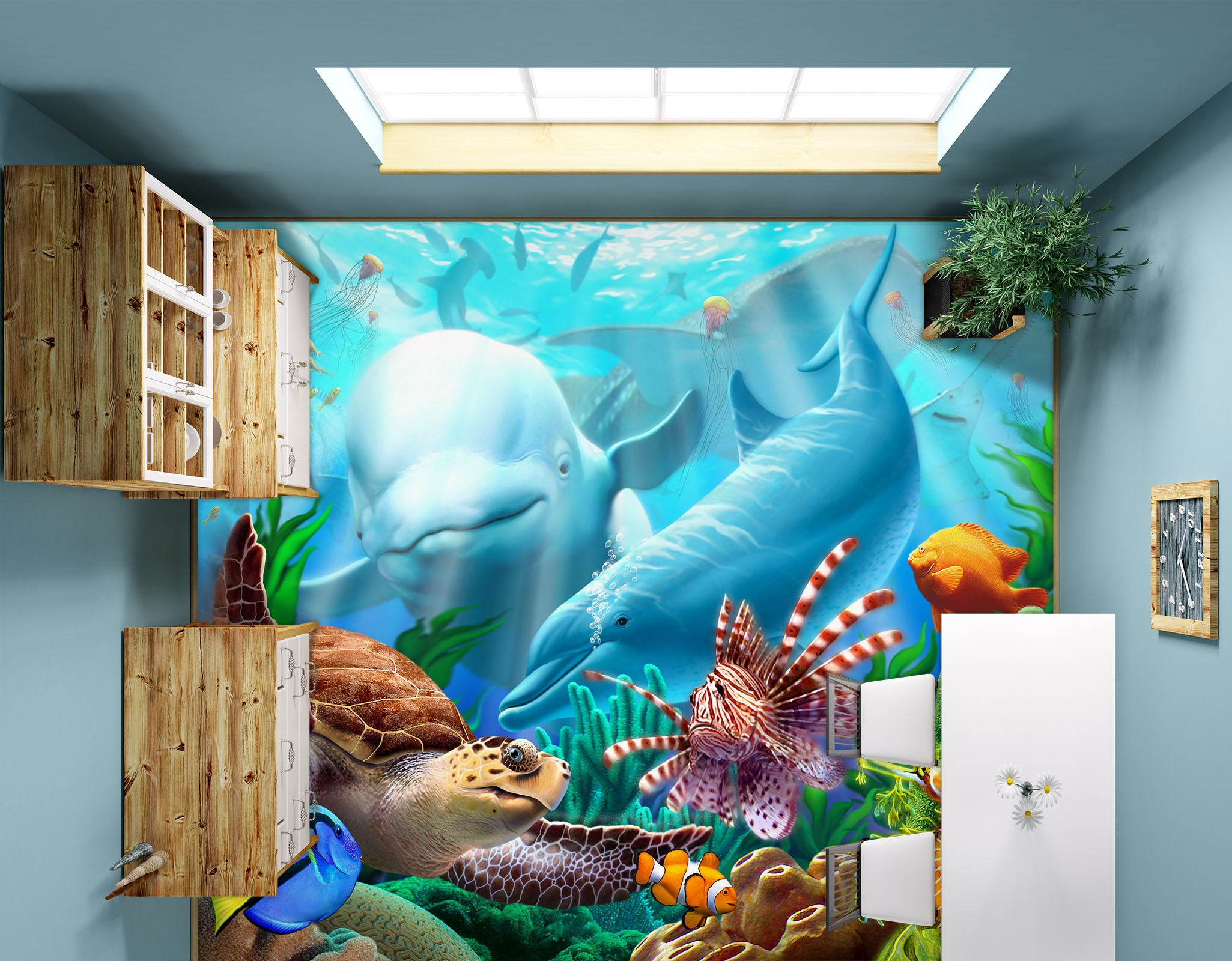 3D Ocean Dolphin Turtle Fish 96222 Jerry LoFaro Floor Mural