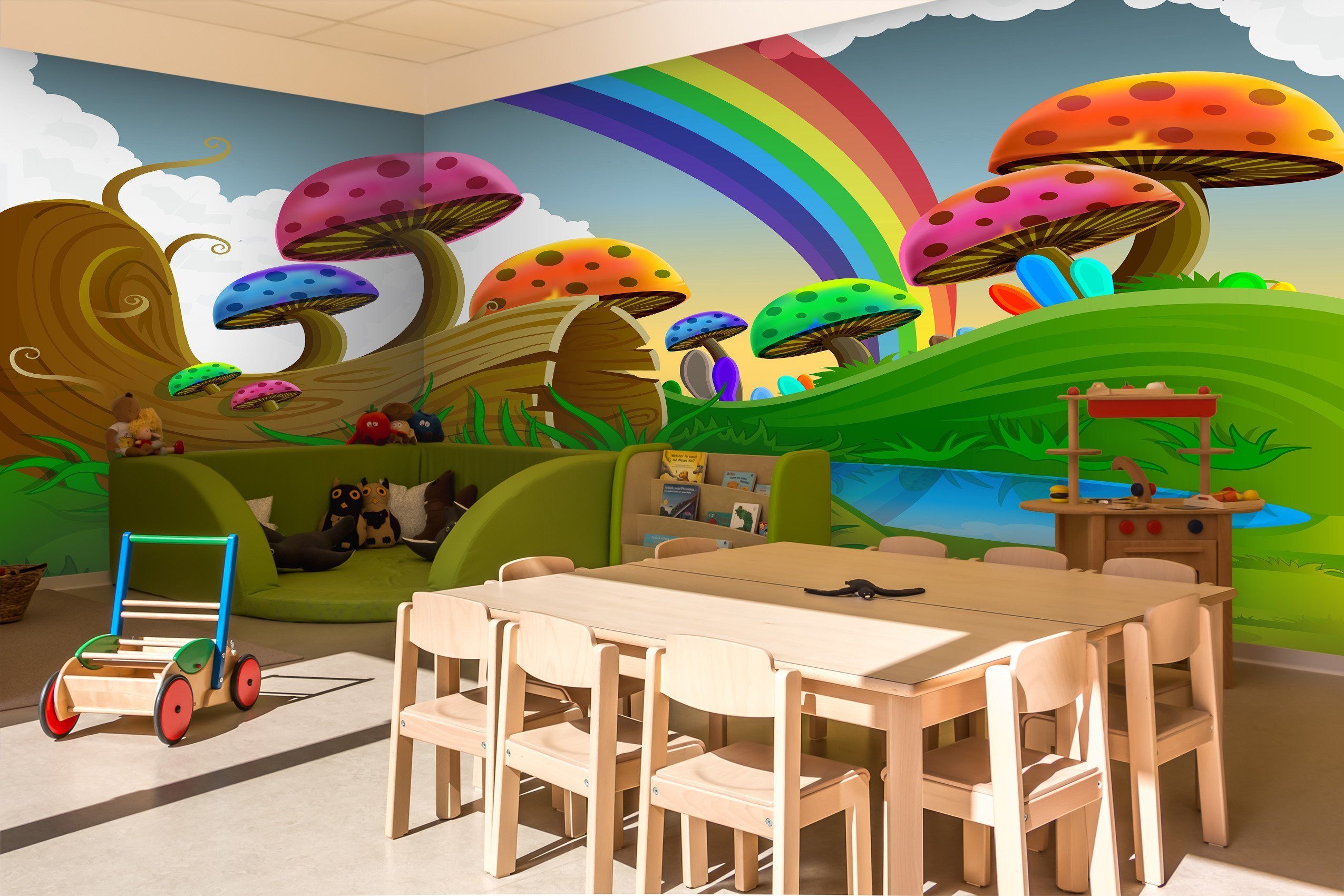 3D Cartoon mushrooms with rainbow 23 Wall Murals Wallpaper AJ Wallpaper 2