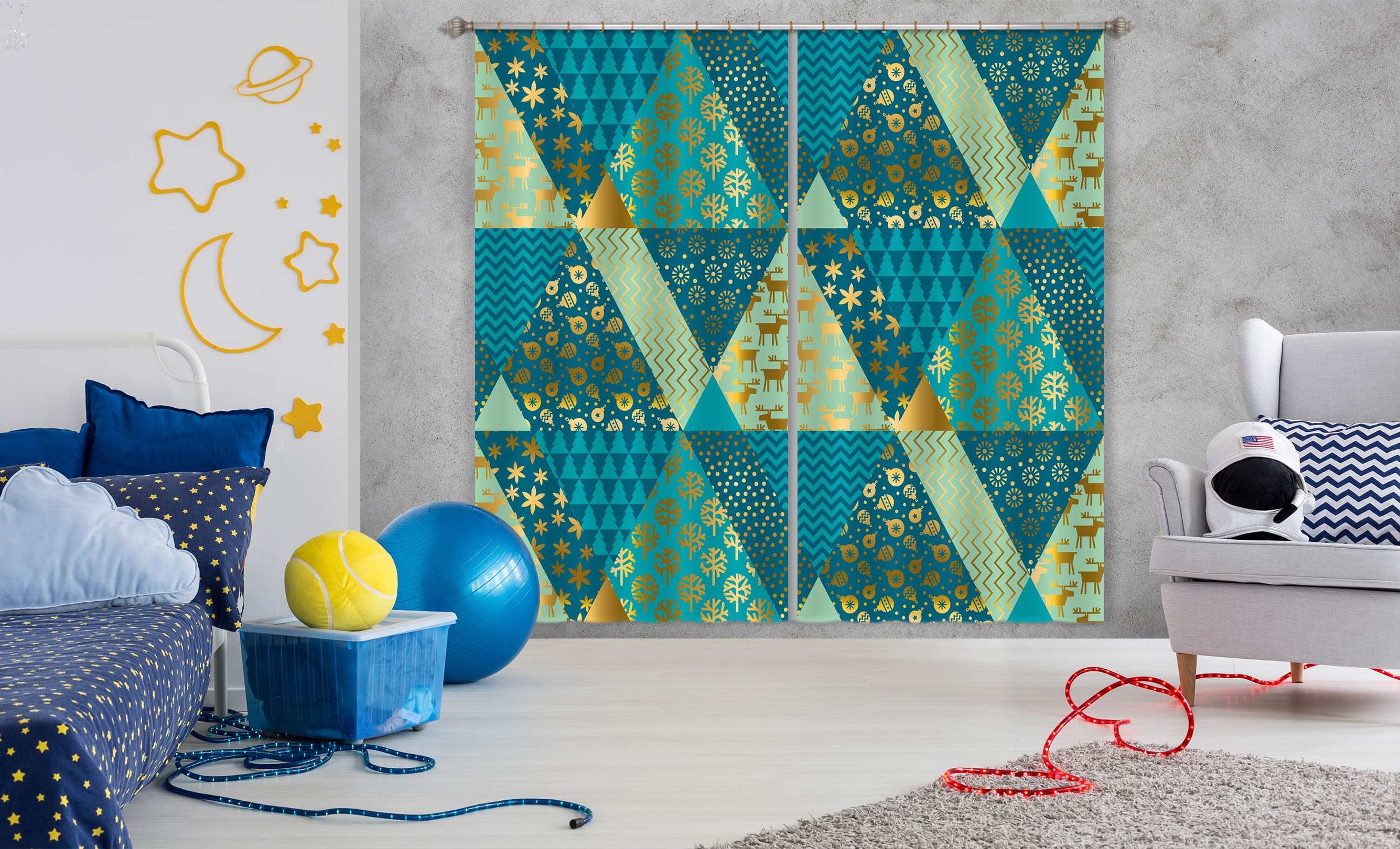 3D Green Triangle 52063 Christmas Curtains Drapes Xmas