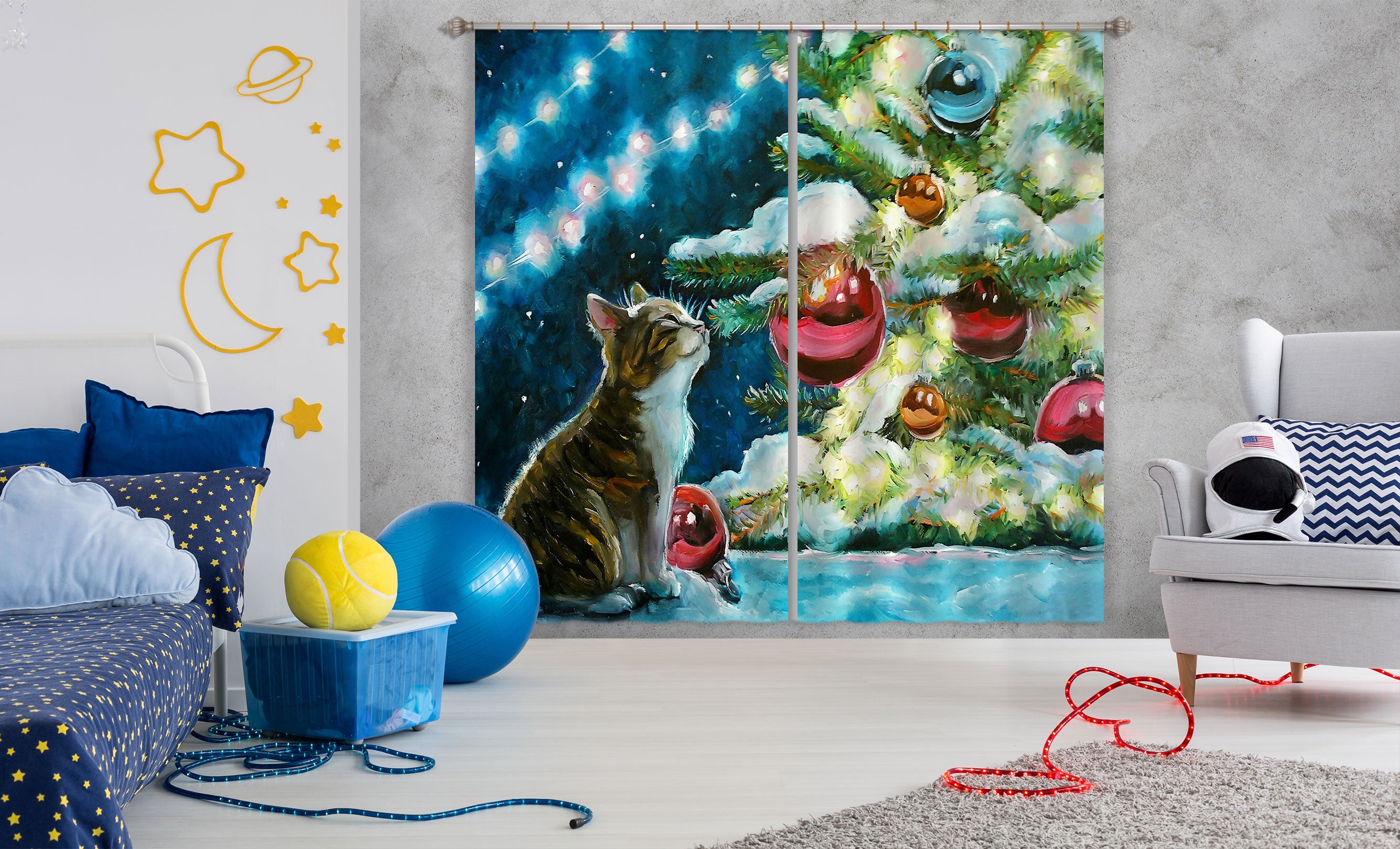 3D Cat Red Ball Tree 52076 Christmas Curtains Drapes Xmas