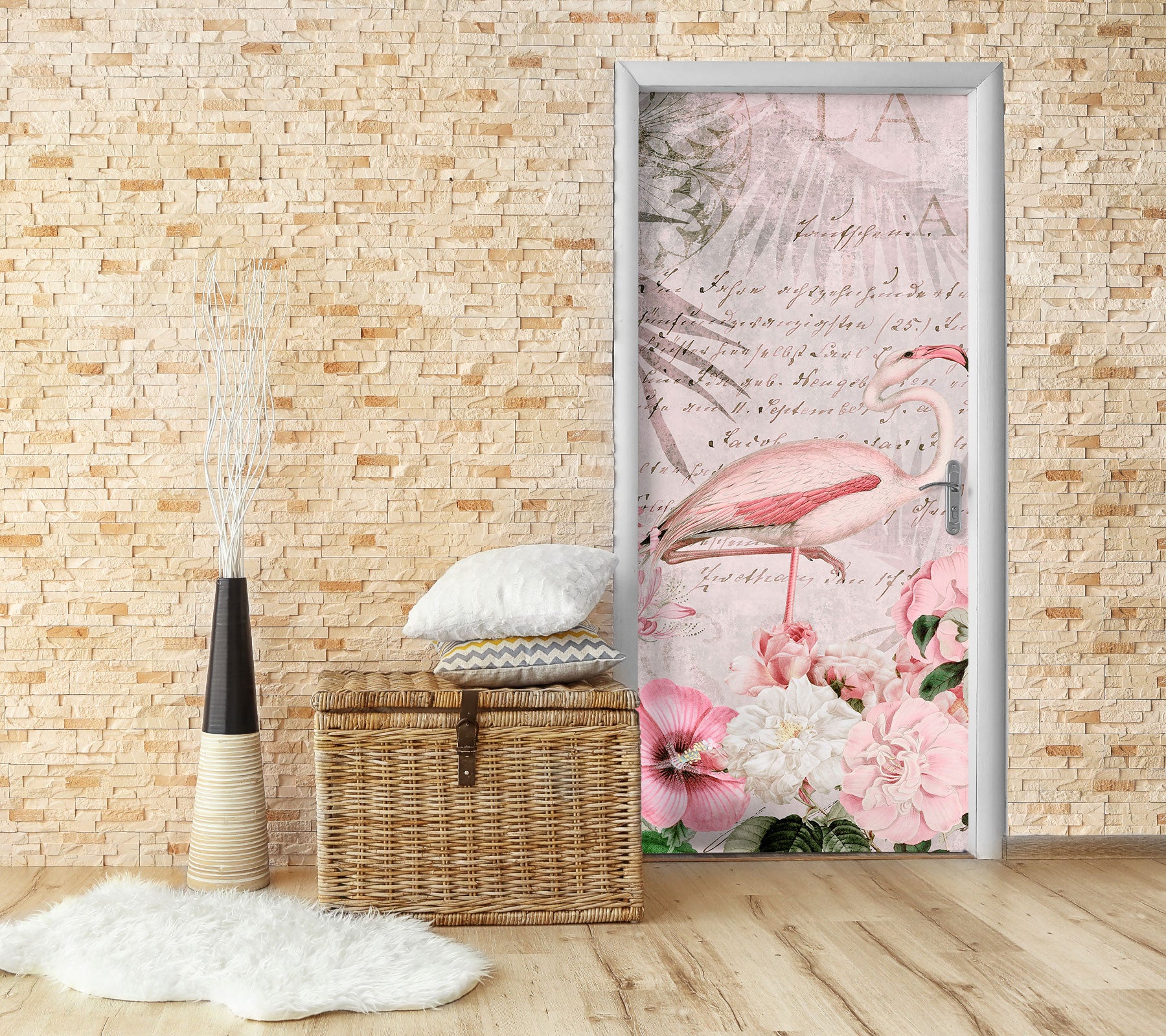 3D Flamingo Flowers 118115 Andrea Haase Door Mural